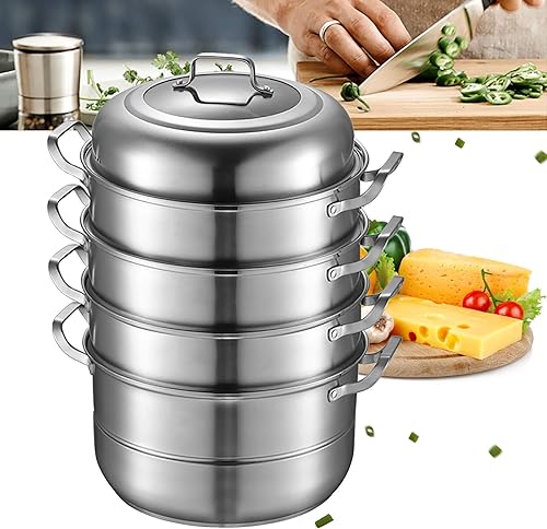 Vaporizador de acero inoxidable de 3 niveles, 11 pulgadas (11.0 in) D vaporizador de alimentos con olla de vapor de verduras con tapa de vidrio para