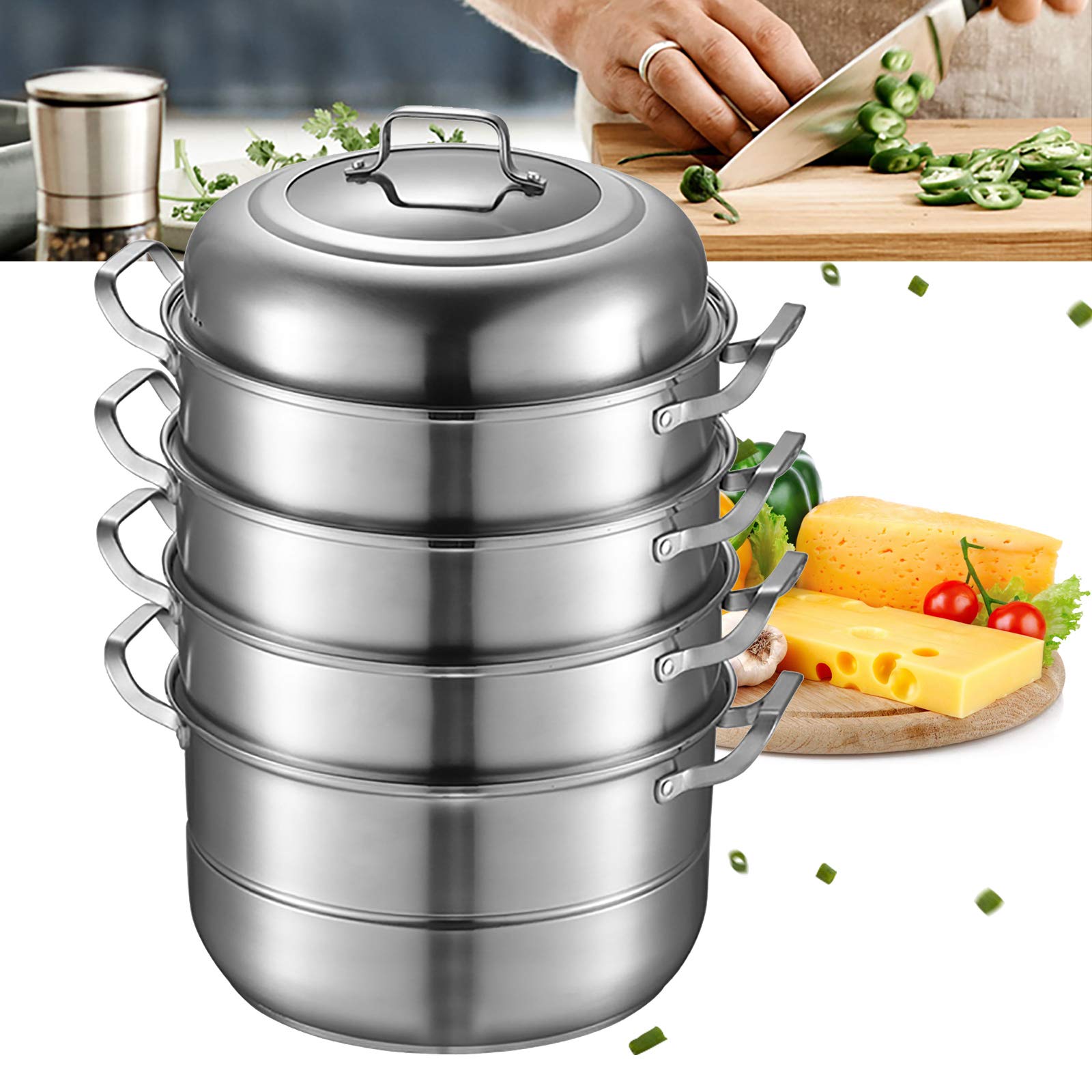 32cm Dampfgarer Fünf Etagen Dampfkocher Edelstahl Biodampfkocher mit Glasabdeckung, Dampftopf Induktion für alle Herdarten, Couscous Topf, Kochtopf für Gardampftopf Dampfkochtopf Induktion