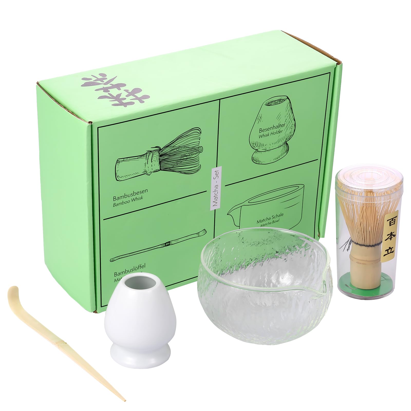 4Pcs apanese Matcha Tea Set, Elegant Matcha Whisk Set for Beginners, Matcha Making Kit with Matcha Whisk Bowl, Whisk Holder, Scoop, Bamboo Wood Matcha Whisk Set for Gifting