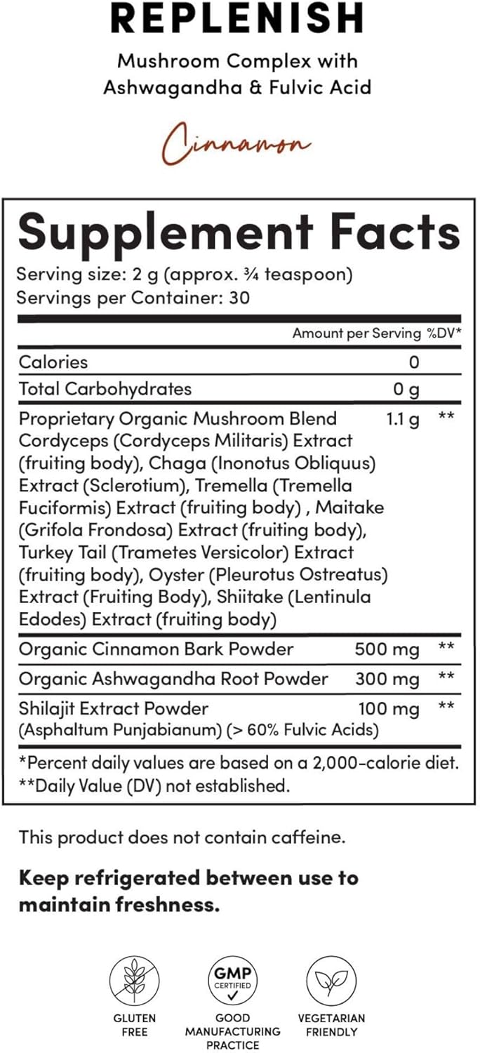 Tranont Replenish Mushroom Complex with Ashwagandha & Fulvic Acid, Cinnamon Flavor - Dietary Supplement Beverage Powder - 2.12 oz (60 g)