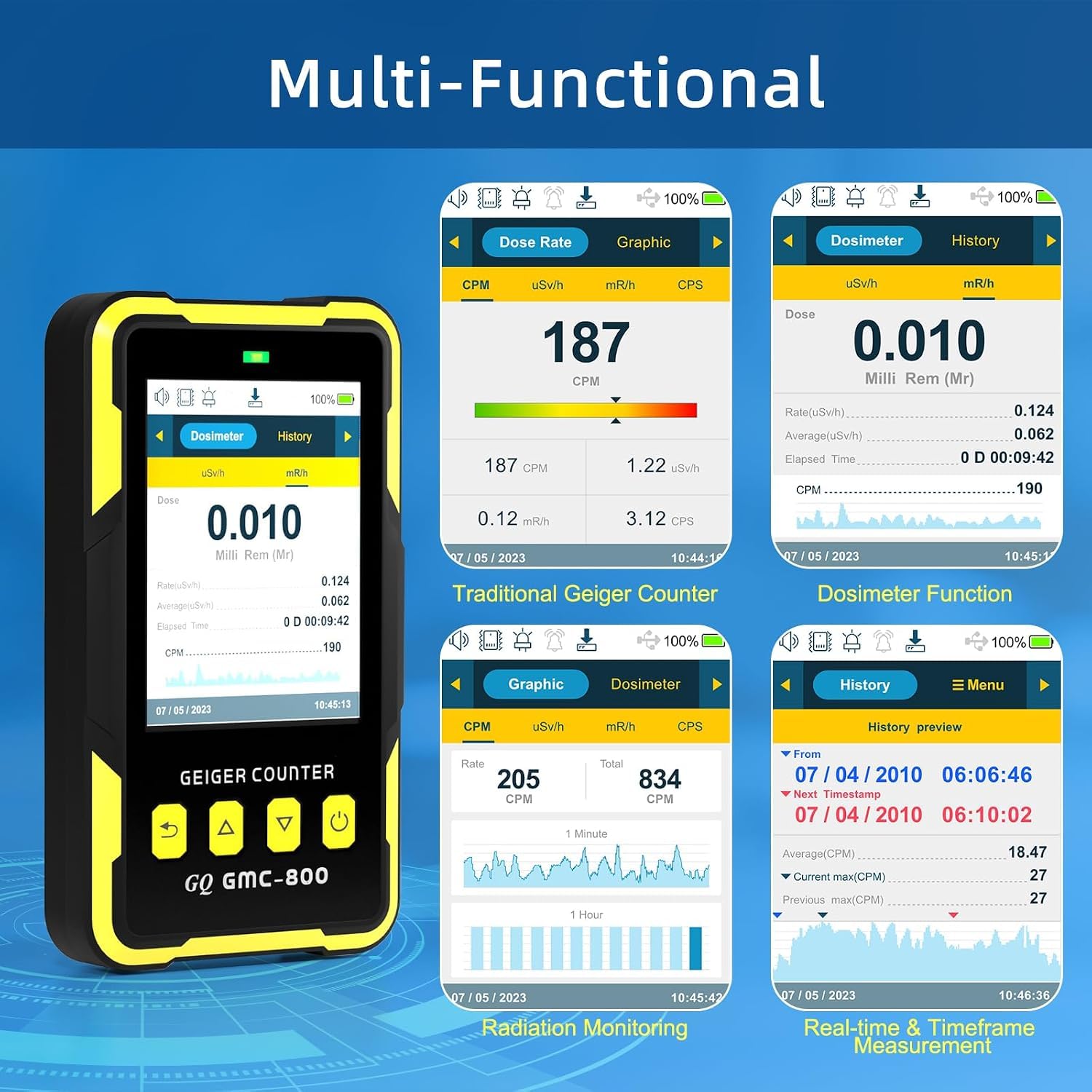 Nuclear Radiation Detector GQ GMC-800 USA Design Product US National Standard Large Color LCD Display 5 Alarm Types Dosimeter Data Save & Global Share Beta Gamma X-ray Portable Multifunction Device — Amazon image 2