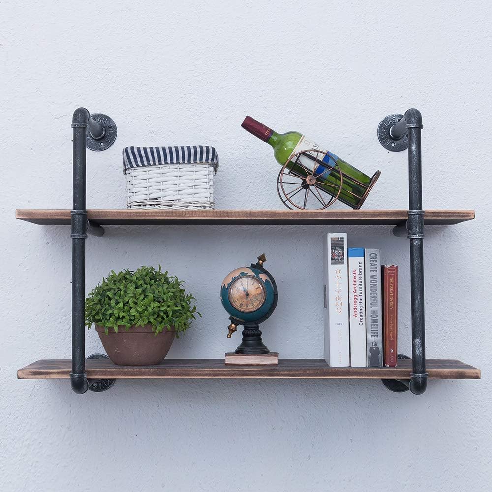 GWH Industrial Pipe Shelving Wall Mounted,36in Rustic Metal Floating Shelves,Steampunk Real Wood Book Shelves,Wall Shelf Unit Bookshelf Hanging Wall Shelves,Farmhouse Kitchen Bar Shelving(2 Tier)