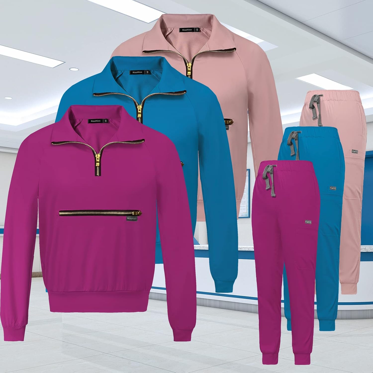 VIAOLI Women Scrubs Sets Modern V-Neck Overalls Lapel with Zipper Long Sleeve & Jogger Pants Nurse Medical Uniform