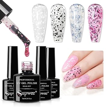 4 Colors Glitter Top Coat Gel Nail Polish, Silver Pink Sequin Eggshell Top Coat Gel Polish Reflective Sparkle No Wipe UV Gel Nail Art Sparkle Manicure Gifts for Women 7ml