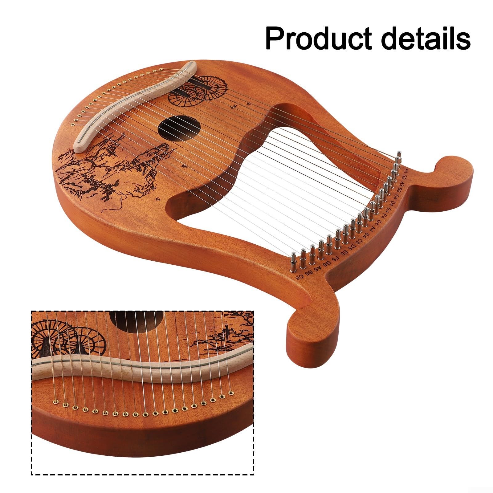 Arpa de lira con 19 cuerdas, llave de afinación y cuerdas de repuesto, perfecta para exploración de música clásica (rueda)