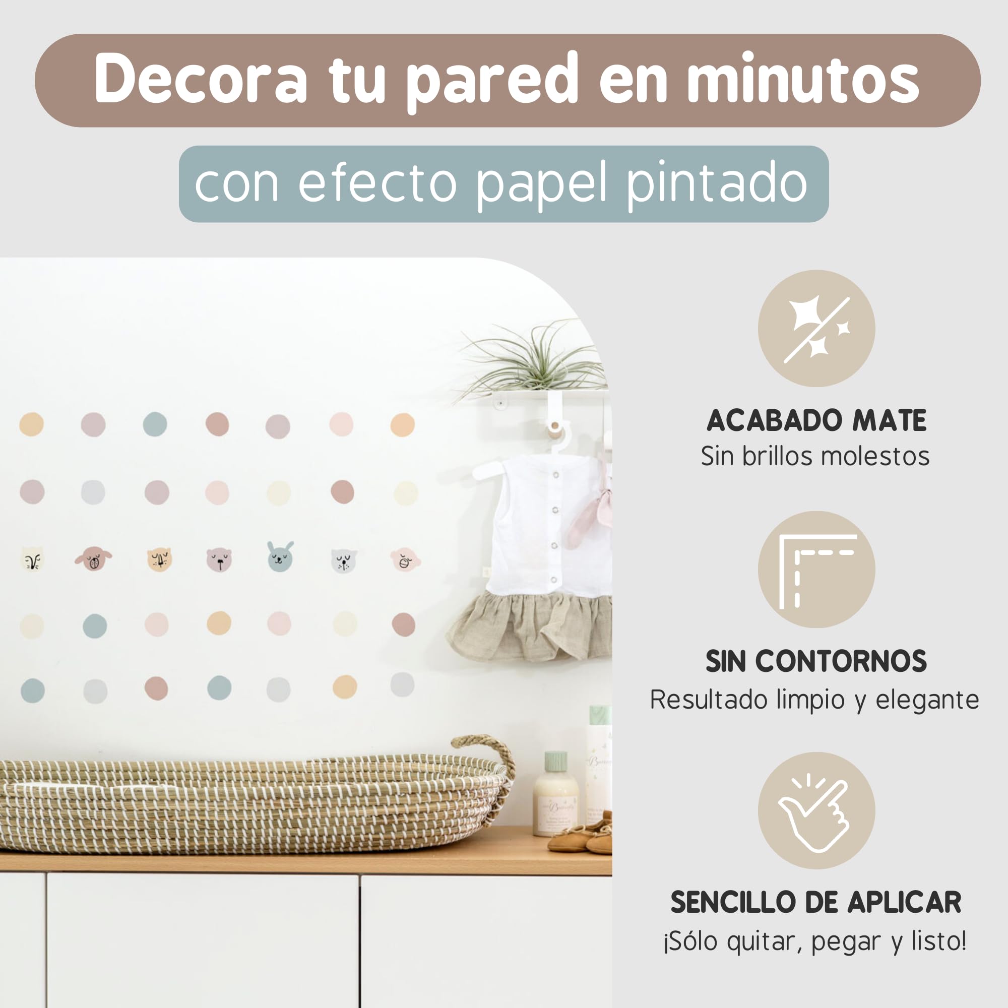 Pegatinas Pared Decorativas Infantiles Caras Animales | 6 Láminas, 210 Topos Adhesivos | Vinilo Adhesivo Pared | Efecto Papel Pintado | Cubre 9 m² | TRESXICS (Pastel)