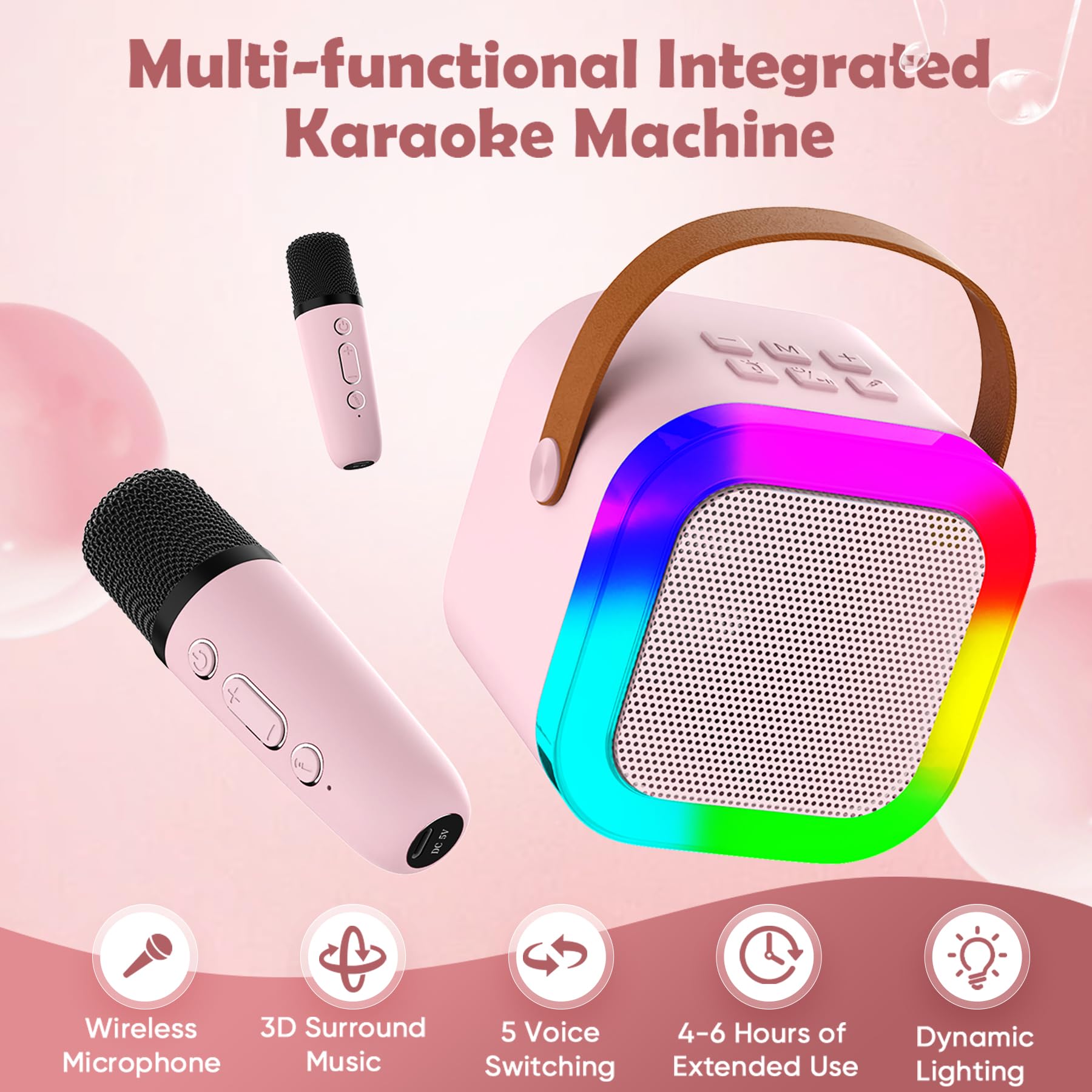 Aplsinvivi Mini Karaoke per bambini, altoparlante karaoke portatile per bambini con microfono wireless, regali per ragazze di 4, 5, 6, 7, 8, 9, 10, 12 anni + festa di compleanno, Pink