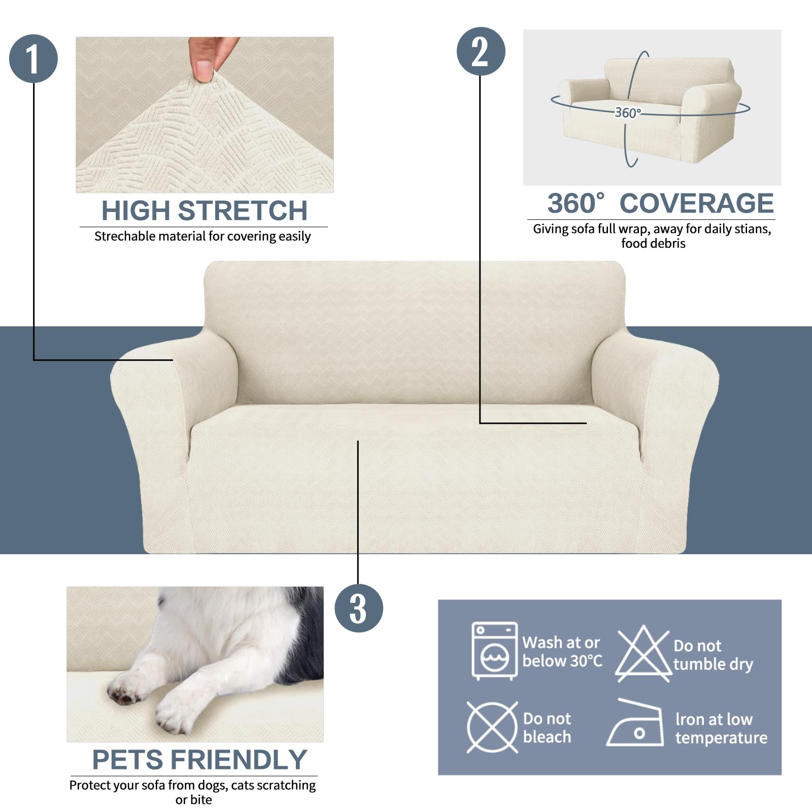Ystyle Extensible Housse Canapé 3 Places avec Accoudoirs, Crema | Universelle Housse De Canapé, Housse Protection Canapém, Sofa Cover Antidérapante, Couvre Canapé Pour Chiens Chats Animaux
