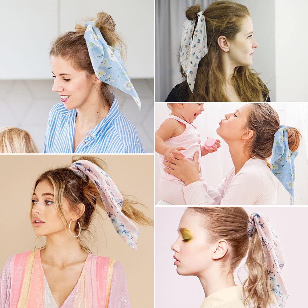 10Pcs Floral Chiffon Ribbon Polka Dots Scrunchies - Cute Bowknot Ponytail Holders and Elastic Hair Bands for Girls, Women, Teenage - Image 2