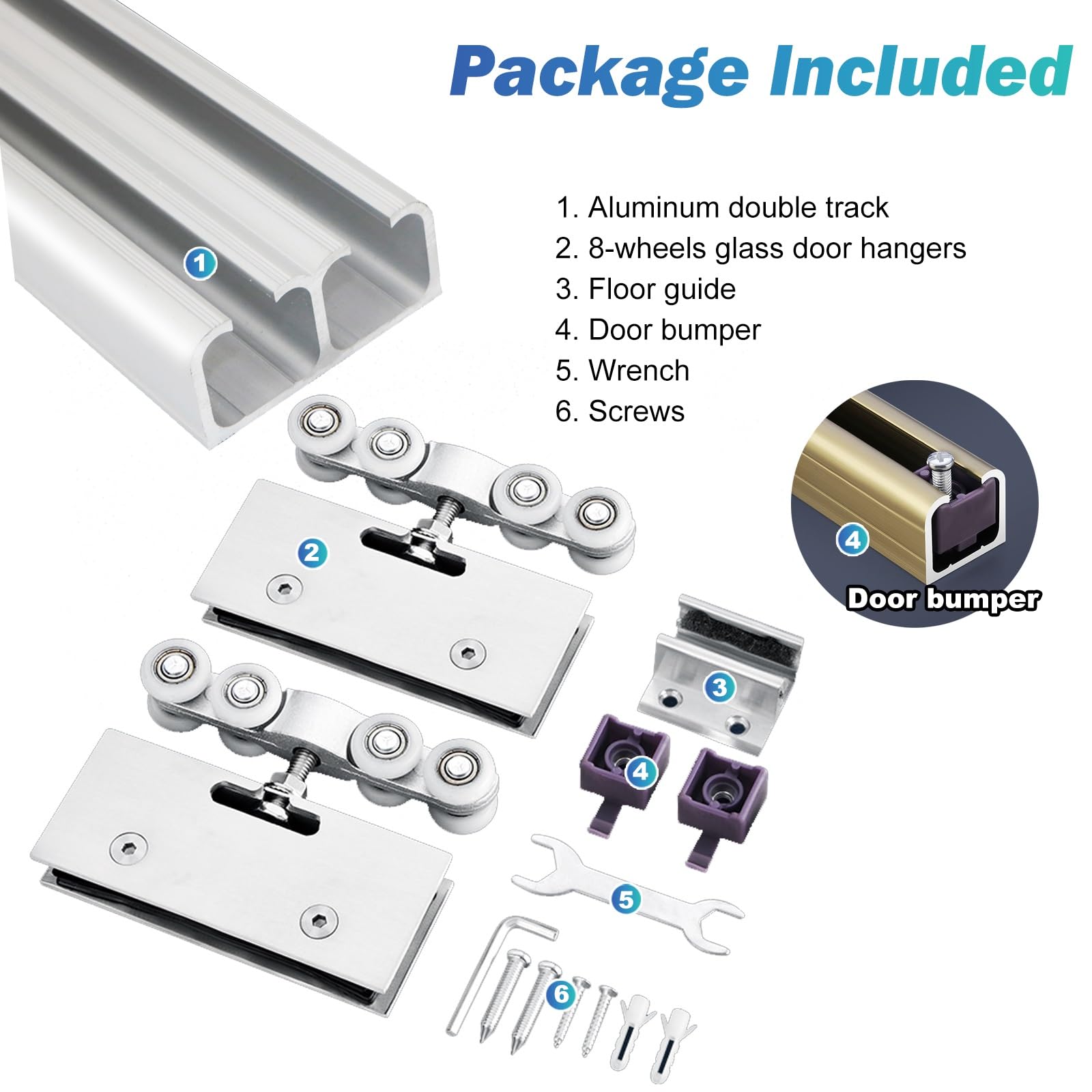 Kit de riel para puerta corredera, guía de aluminio de doble riel para un funcionamiento suave y silencioso, guías de montaje superior para puertas de vidrio acrílico, 1-6 metros