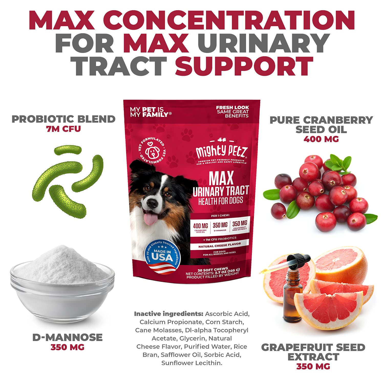 Mighty Petz MAX Cranberry for Dogs UTI Treatment Urinary Tract, Kidney & Bladder Health