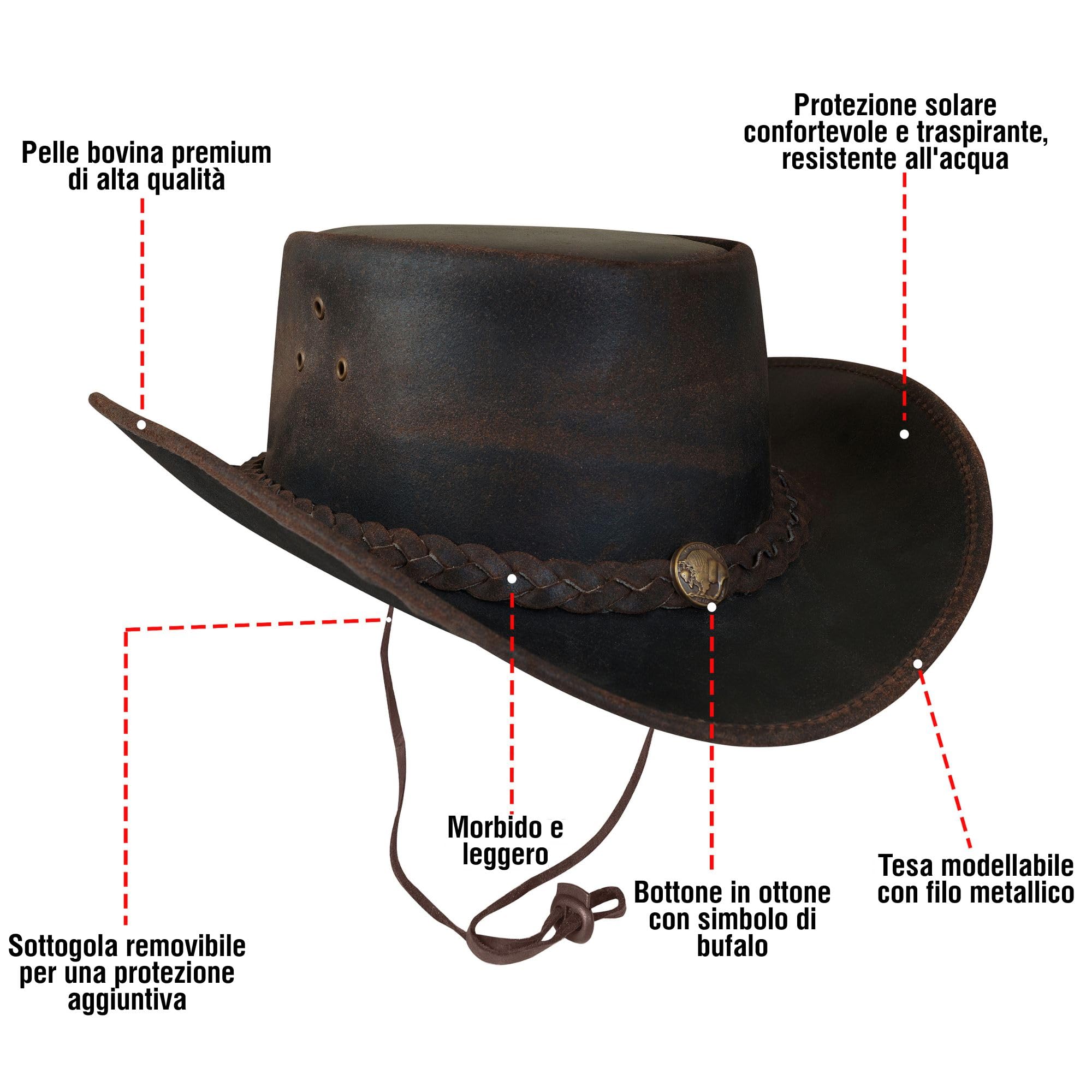 URBAN 5884 Cappello da Cowboy in Vera Pelle, Cappello Western Uomo/Donna in Vera Pelle Bovina, Tesa Modellabile e Sottogola Regolabile