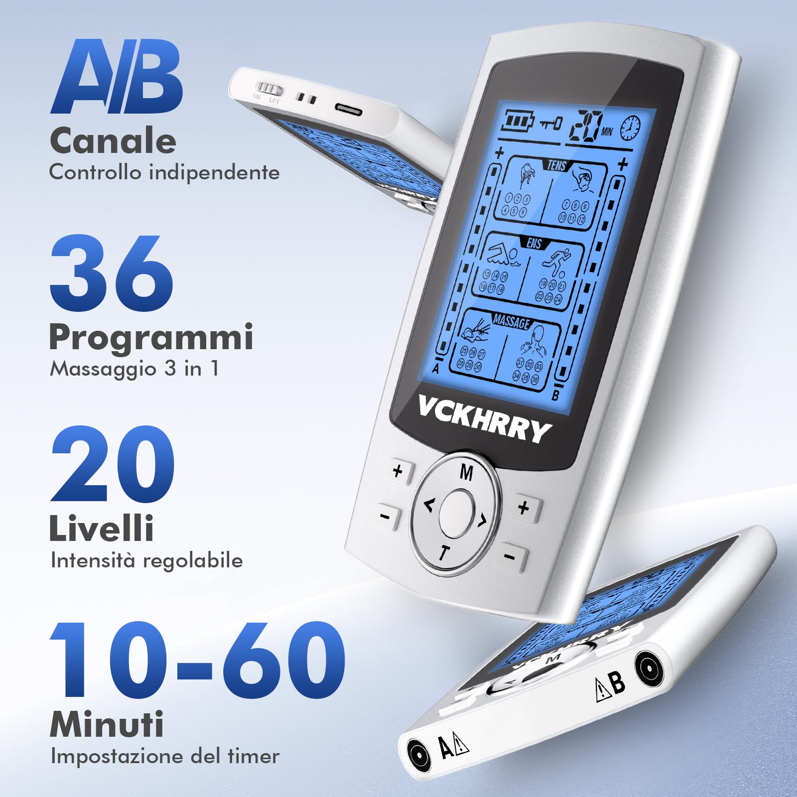 3 In 1 Elettrostimolatore Muscolare TENS EMS Massaggio per costruire muscoli Funzione massaggio, 36 Programmi 2 Canali 20 Livelli di Intensità, 10 Pezzi di Elettrodi per schiena, collo, spalle