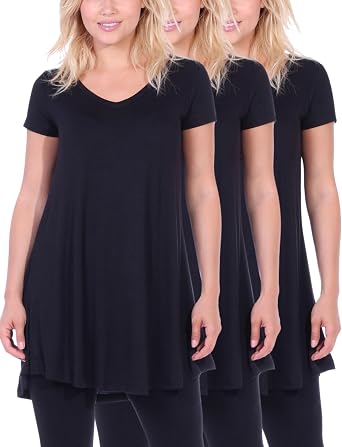 Popana Short Sleeve Tunic Tops for Women, Flowy Stretch Loose Fit Short Sleeve Tunic Tops for Leggings 3-Pack