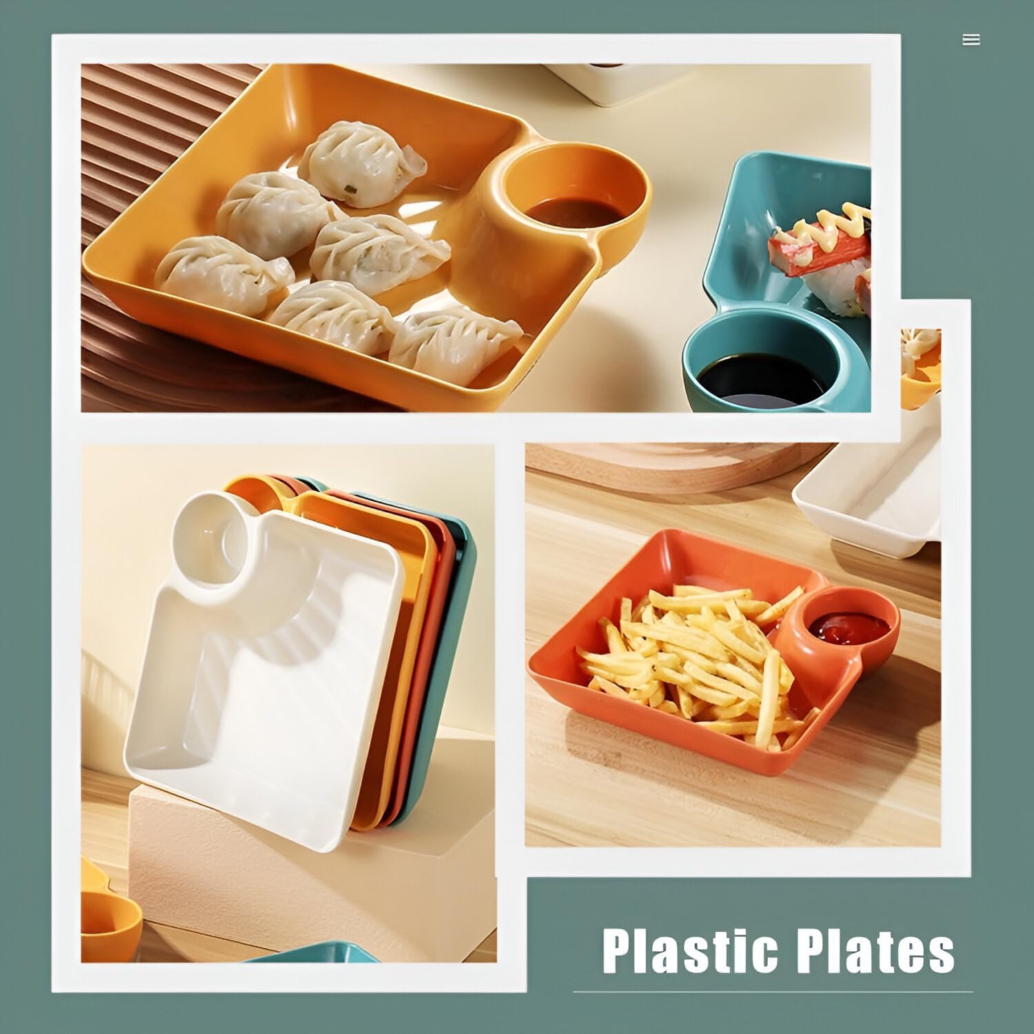 Jeyux Divided Chip and Dip Plates with Round Sauce Holder | Snack Serving Tray for Chips, Salsa, Dips, Fruits, Desserts | Reusable Party Plates for Picnic or Dining Table (Green, Pack of 2) 3