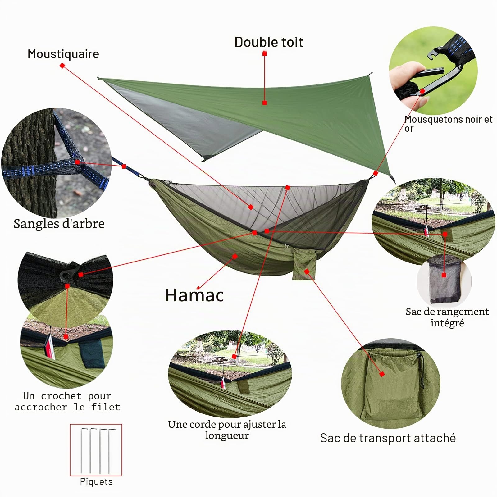Hamac de Camping - Hamac Double - Moustiquaire, moustiquaire - Mouche de Pluie - Tissu de Parachute Haute résistance - Convient pour l'extérieur, la randonnée, Le Camping, Les Voyages