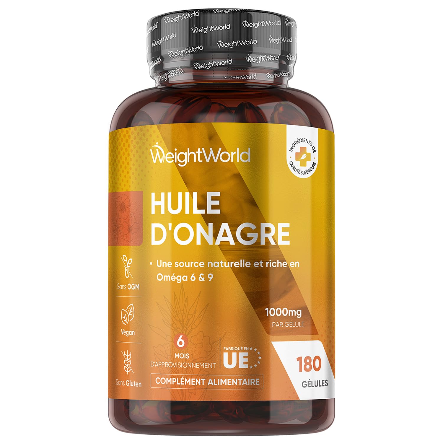 Huile d'Onagre Pressée à Froid 1000mg - 180 Gélules Vegan Multi Usages pour 6 Mois - Riche en Oméga 6, Omega 9 avec Acide Linoléique, Oléique & Gamma-Linolénique, sans OGM, sans Gluten