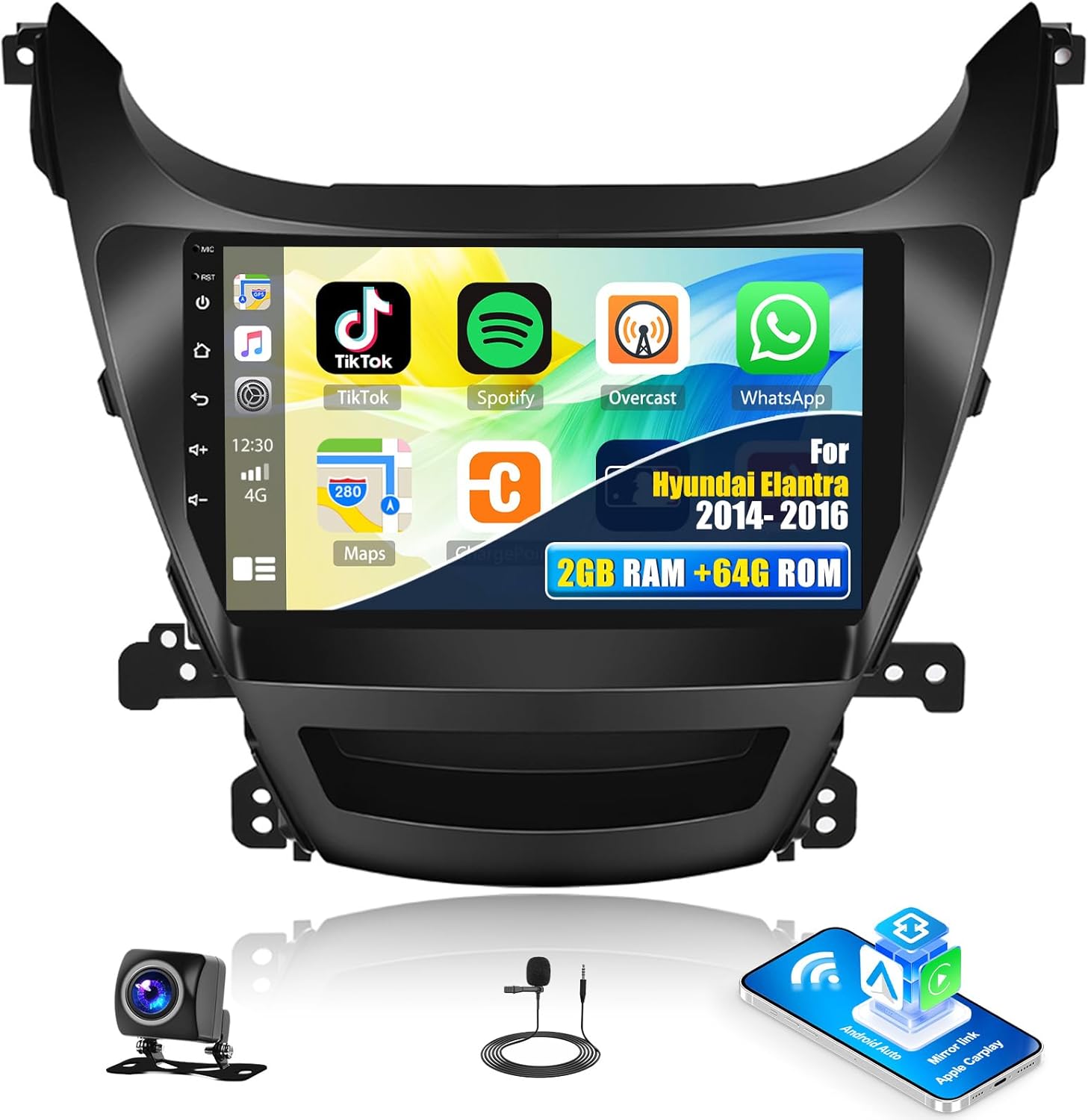 SIXTOP 2G+64G Android Car Stereo for Hyundai Elantra 2014-2016 Wireless CarPlay Android Auto, 9 inch HD Touchscreen GPS Navigation Bluetooth FM/RDS Radio WiFi Mirror Link SWC EQ 26UI AHD Rear Camera