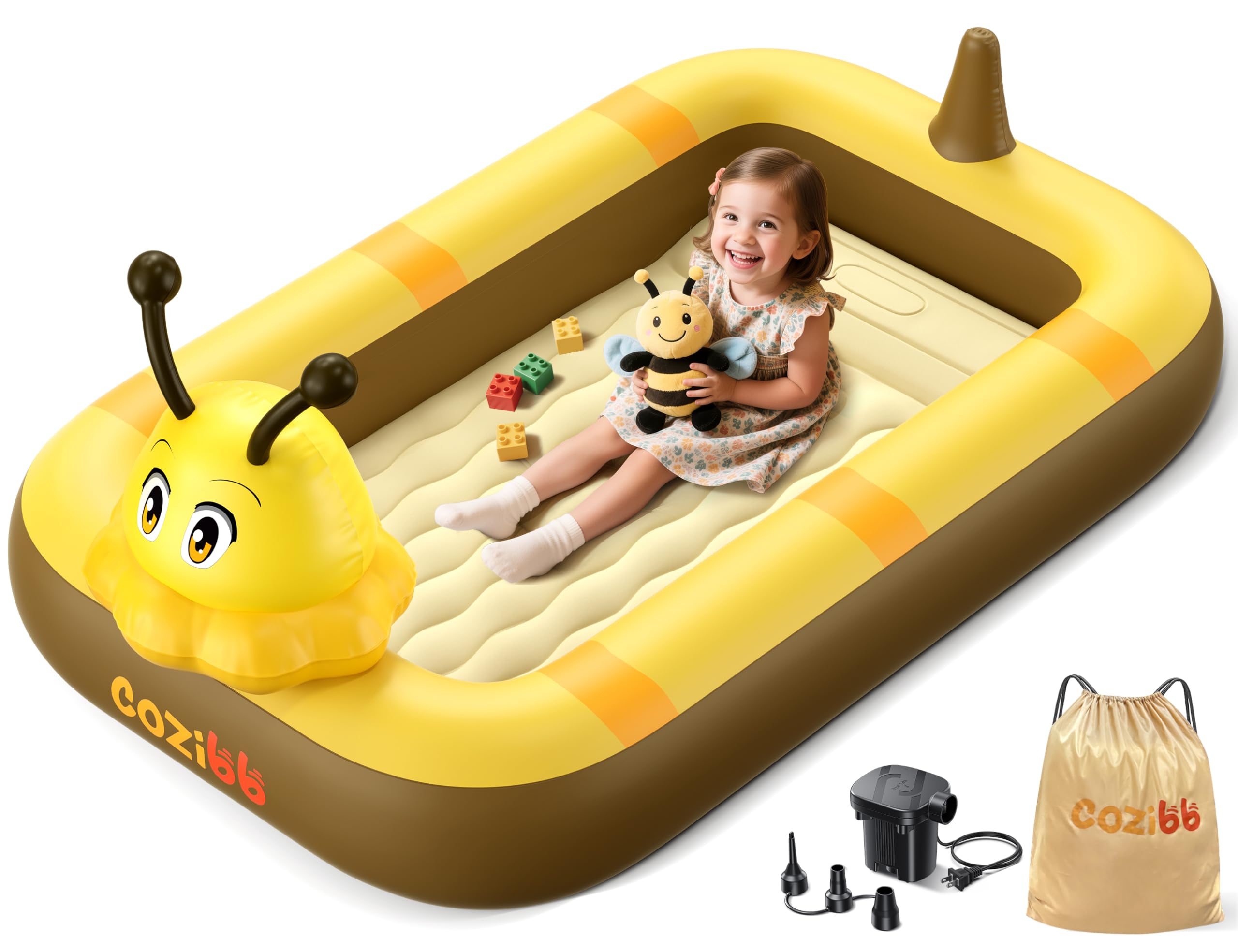 CoziBB Inflatable Toddler Travel Bed, Portable Travel Bed with Flocked Mattress, Built-in Pillow & Carry Bag, 4 Side Safety Bumpers for Toddlers-Cute