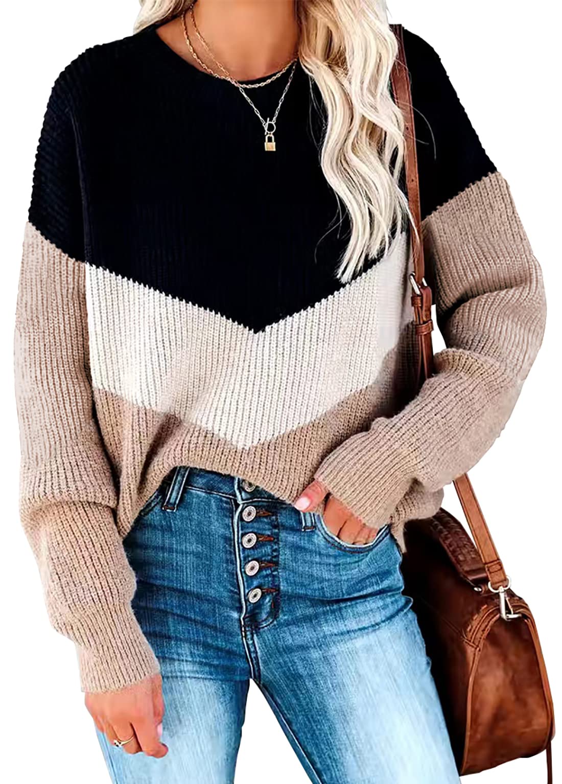 Necooer Damestrui met Lange Mouwen Winter Outwear Casual Gebreide Trui Elegante Trui met Liefdesprint voor Vrouwen, 01, bruin, XL
