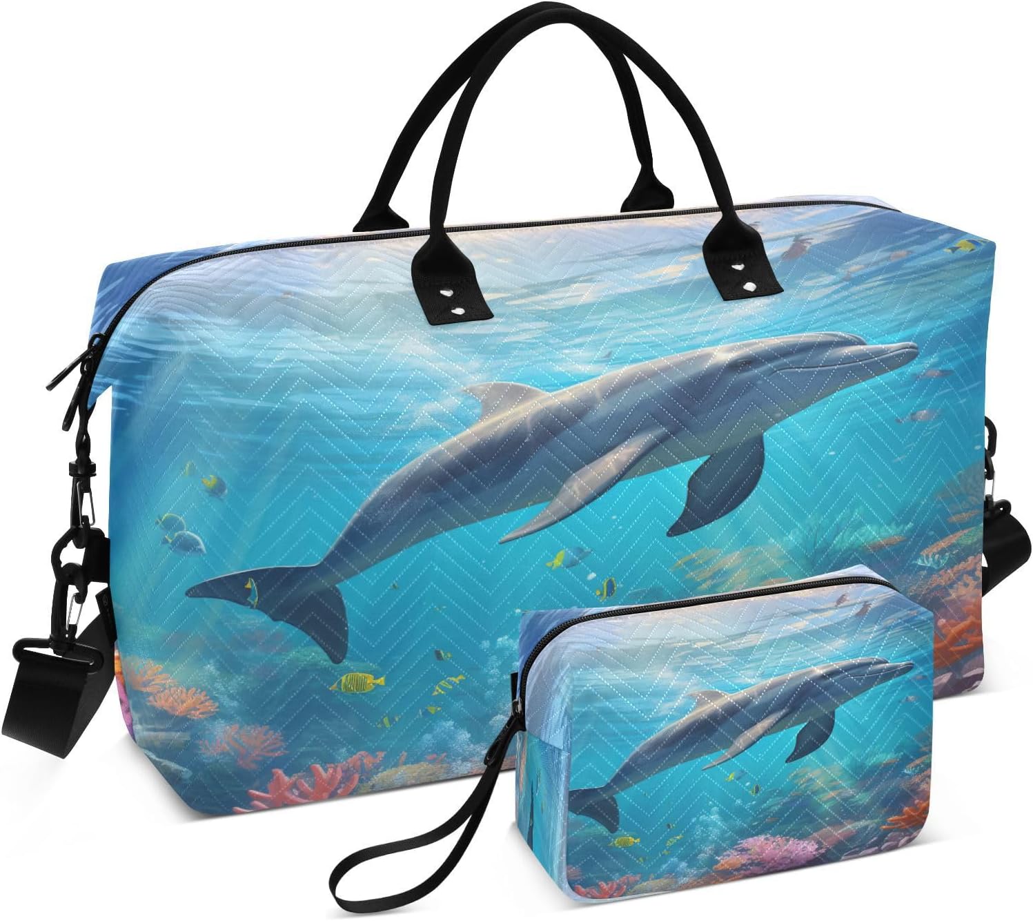 Travel Duffle Bag Gym Bag, Dolphin in The Deep Sea Weekender Bags for Women with Toiletry Bag Travel Tote Bag Swim Bag
