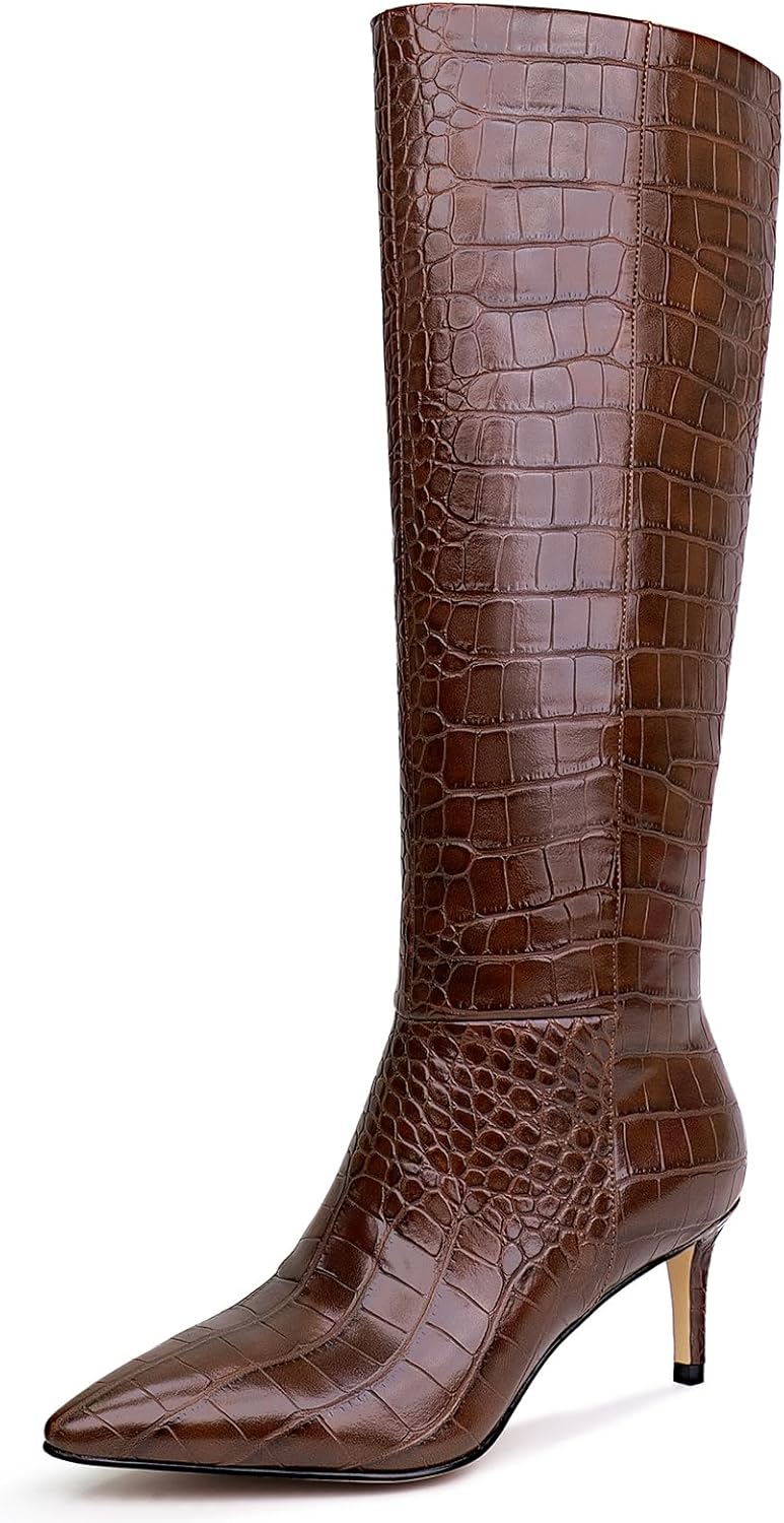 wetkiss Knee High Boots for Women - Pointed Toe Kitten Heel & Crocodile, Side Full Zipper for Easy Wear, All-Day Comfort Boots for Work, Party and Daily Chic Style