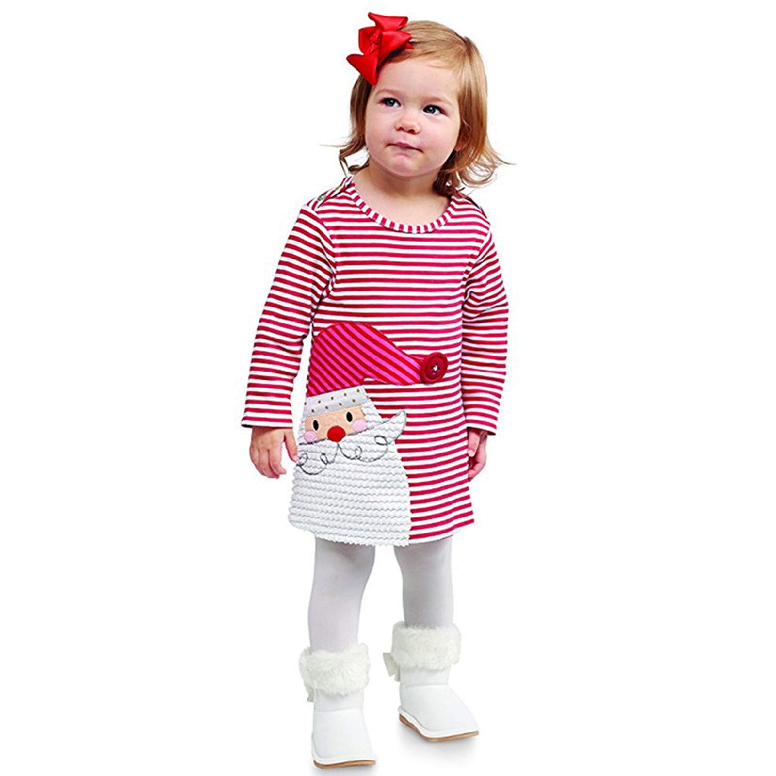 AKIWOS Toddler Baby Girl Christmas Dress Long Sleeve Crew Neck Stripe Santa Prints Casual Party Princess Dresses