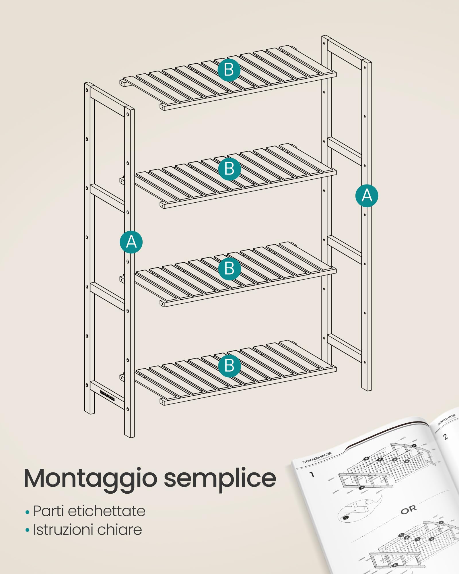 SONGMICS Scaffale Portaoggetti in Bambù, Mensola da Bagno, Scarpiera, Multiuso, per Ingresso, Bagno, Soggiorno, Terrazzo, Cucina, 26 x 60 x 100 cm, Naturale BCB034Y01