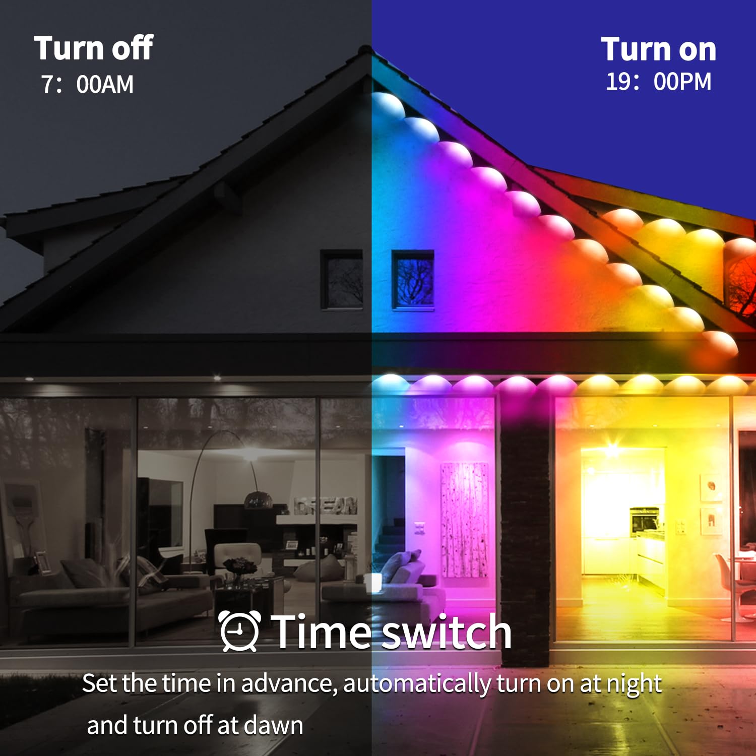 Luce permanente per esterni da 152,4 m, RGB Smart Outdoor con APP e telecomando, sincronizzazione musicale temporizzata IP67 impermeabile LED grondaia, adatta per feste, Halloween, Natale, tetto