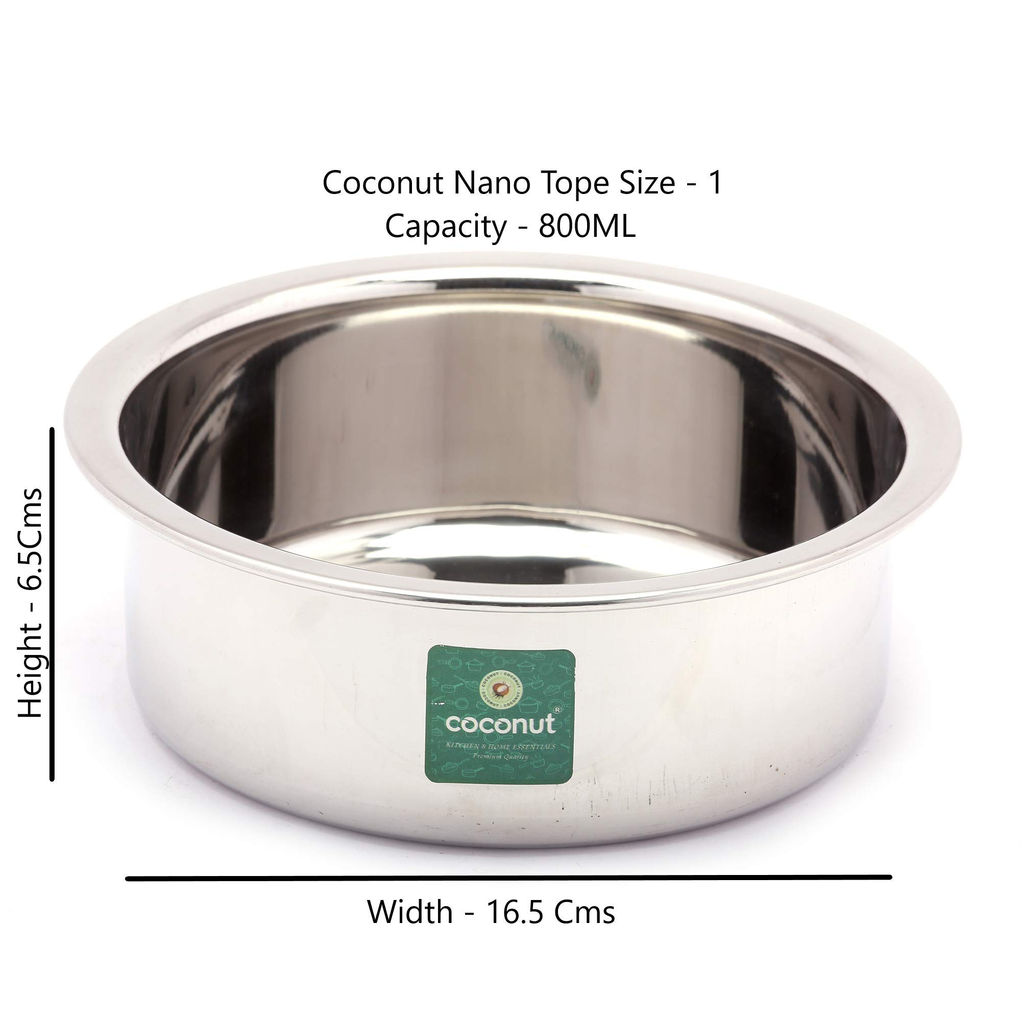 Coconut Stainless Steel (Heavy Guage) Nano Tope - Cook N Serveware-1 Unit - Capacity - 800 ML - Image 3 thumbnail