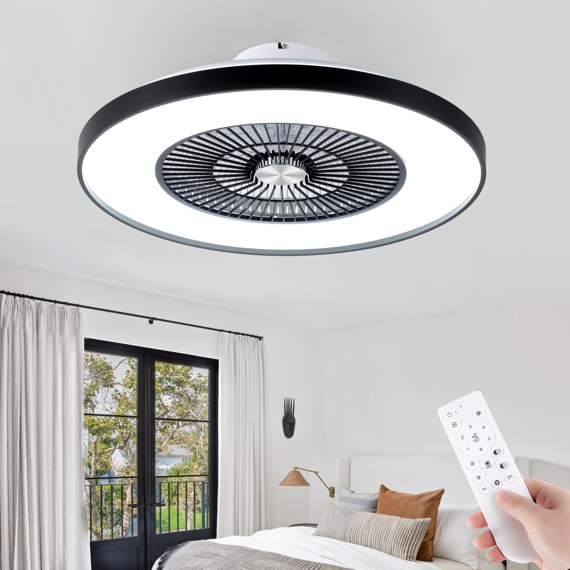 HUMHOLD Bladeless Ceiling Fans with Lights and Remote Control, 3-Dimmable Light, 6-Speed, Reversible, Color Changing Modern Low Profile Ceiling Fan with Light for Kid's Bedroom/Living Room (Black)