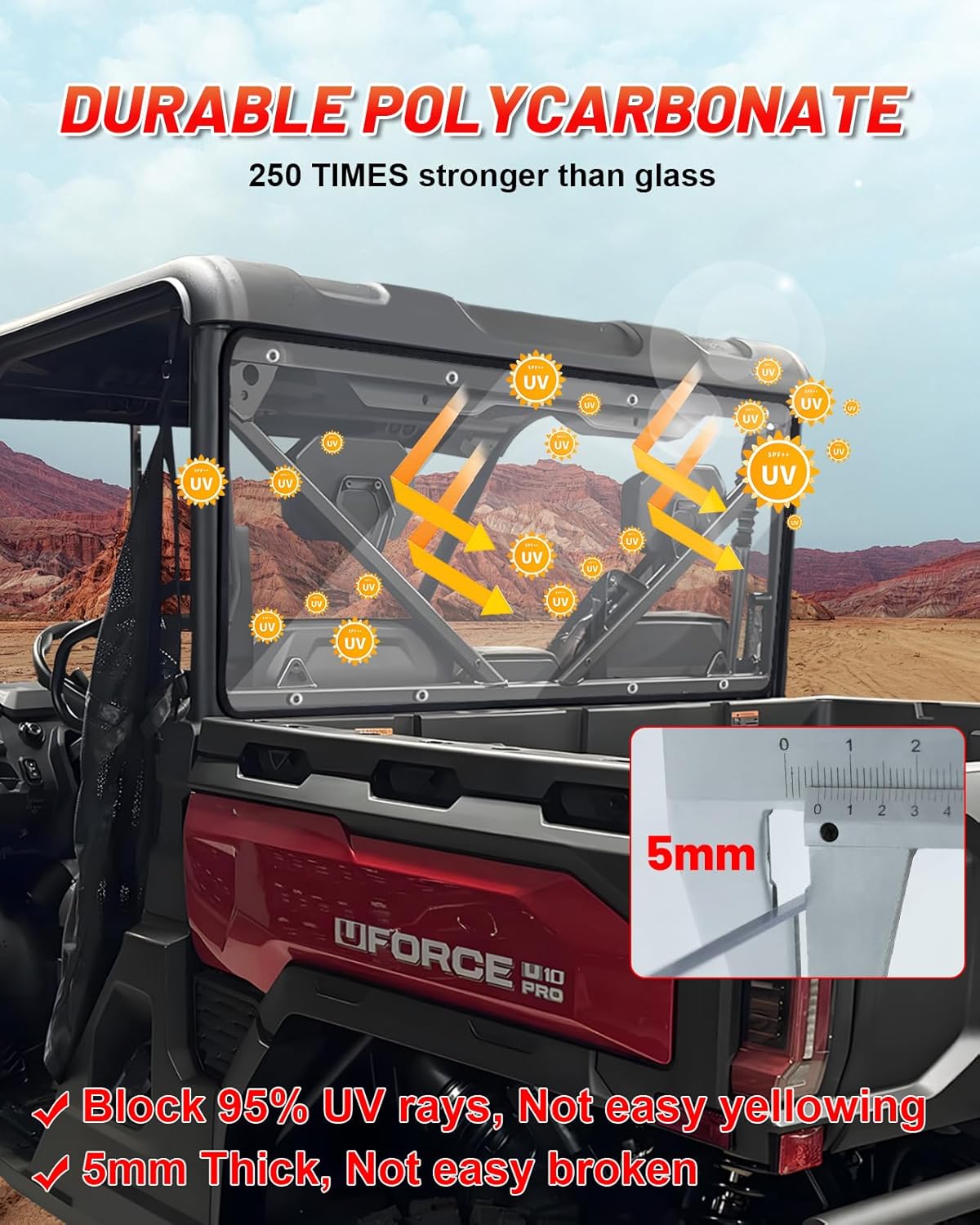 StarknightMT Uforce U10 Pro Rear Windshield Compatible With CFMOTO UFORCE U10 Pro/Pro XL 2025, UV-Proof Heavy Duty Full Back Window (Clear)