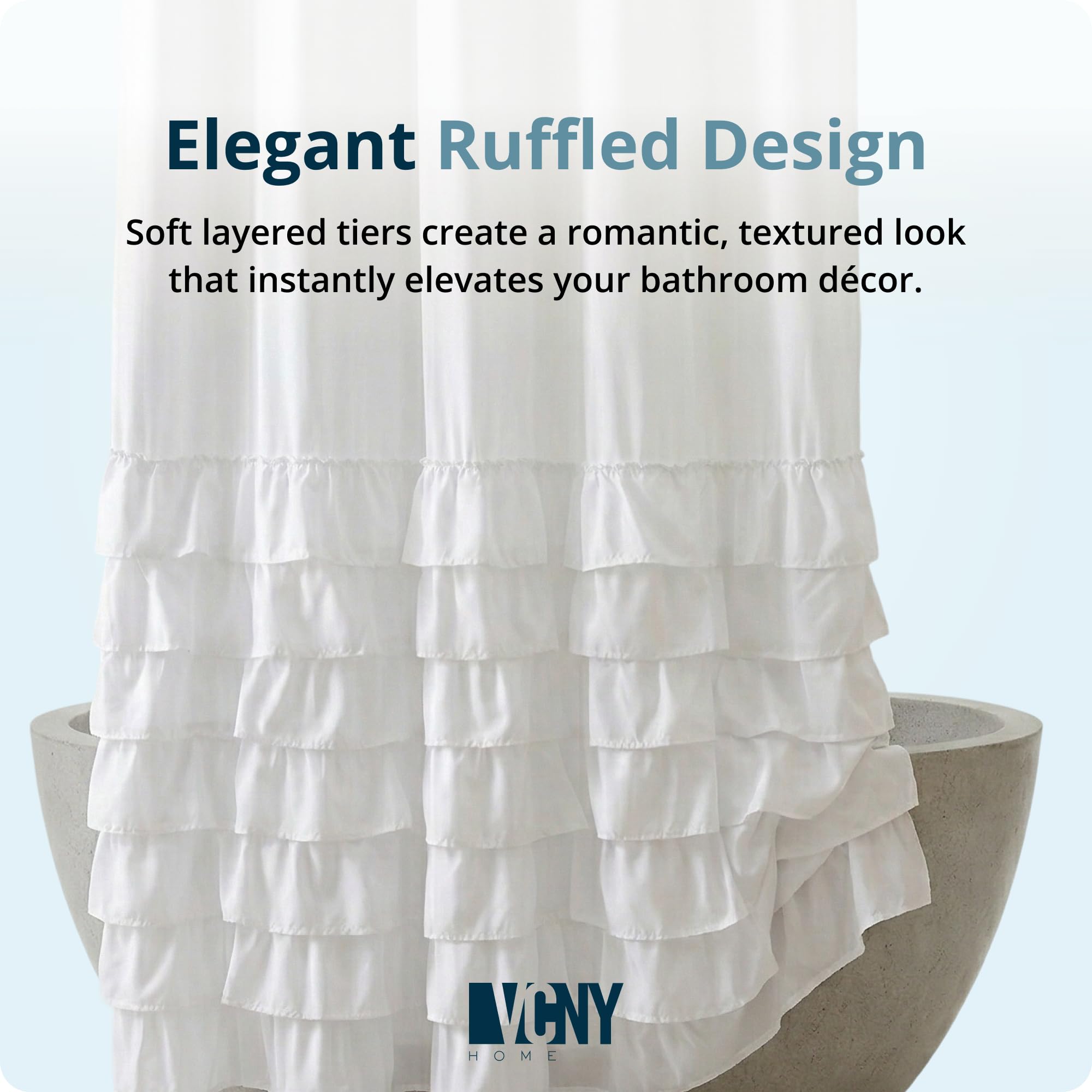 VCNY Home Zasłona prysznicowa z tkaniny z falbankami, niezbędne akcesorium łazienkowe, elegancki wystrój domu, 183 cm długości, kolekcja Melanie, biała
