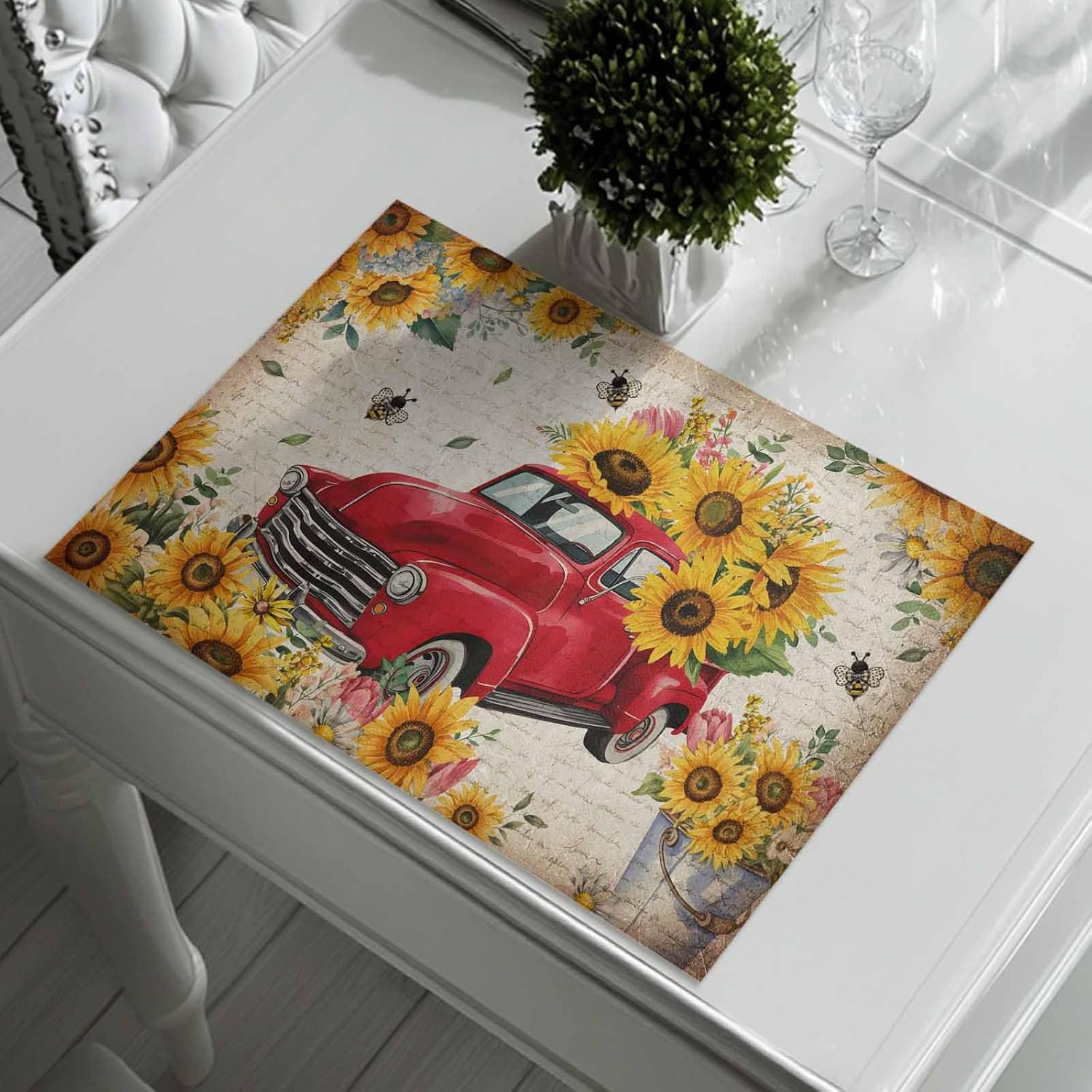 Sunflower Placemats - Red Truck Farmhouse Decor Floral Set of 6 - Heat-Resistant, Washable, Party Kitchen Mats
