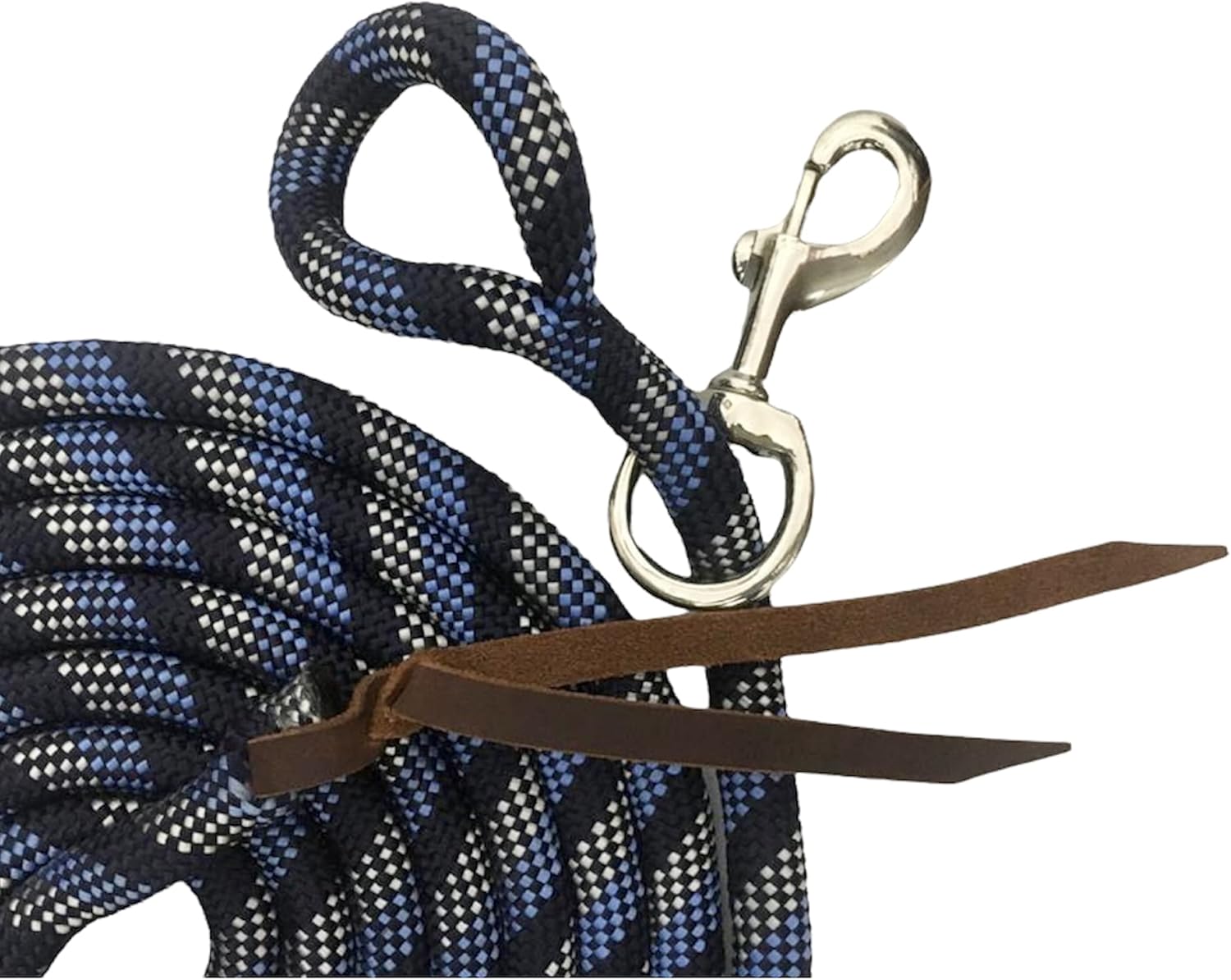 Majestic Ally 14' Pack of 2 Poly Training Lead Rope with Leather Popper for Horses & Livestock – 14 Foot Long and 5/8 inch Thick - Replaceable Heavy-Duty Bolt Snap (Navy-Blue-White)