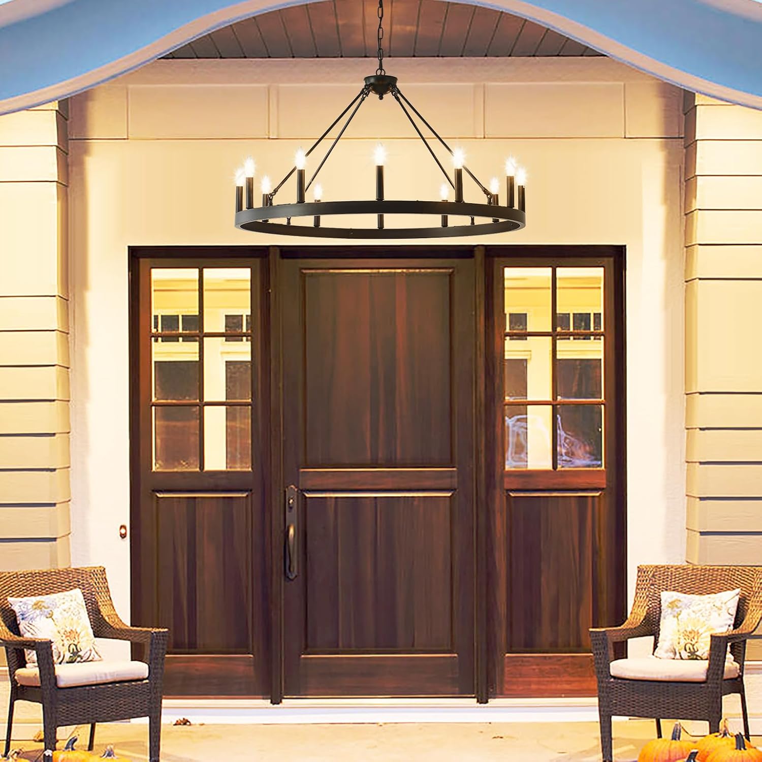 40 Inch Black Wagon Wheel Chandelier, 12-Lights Farmhouse Industrial Round High Ceiling Pendant Light Adjustable Chain for Outdoor Porch,Foyer,Dining Room, Living Room