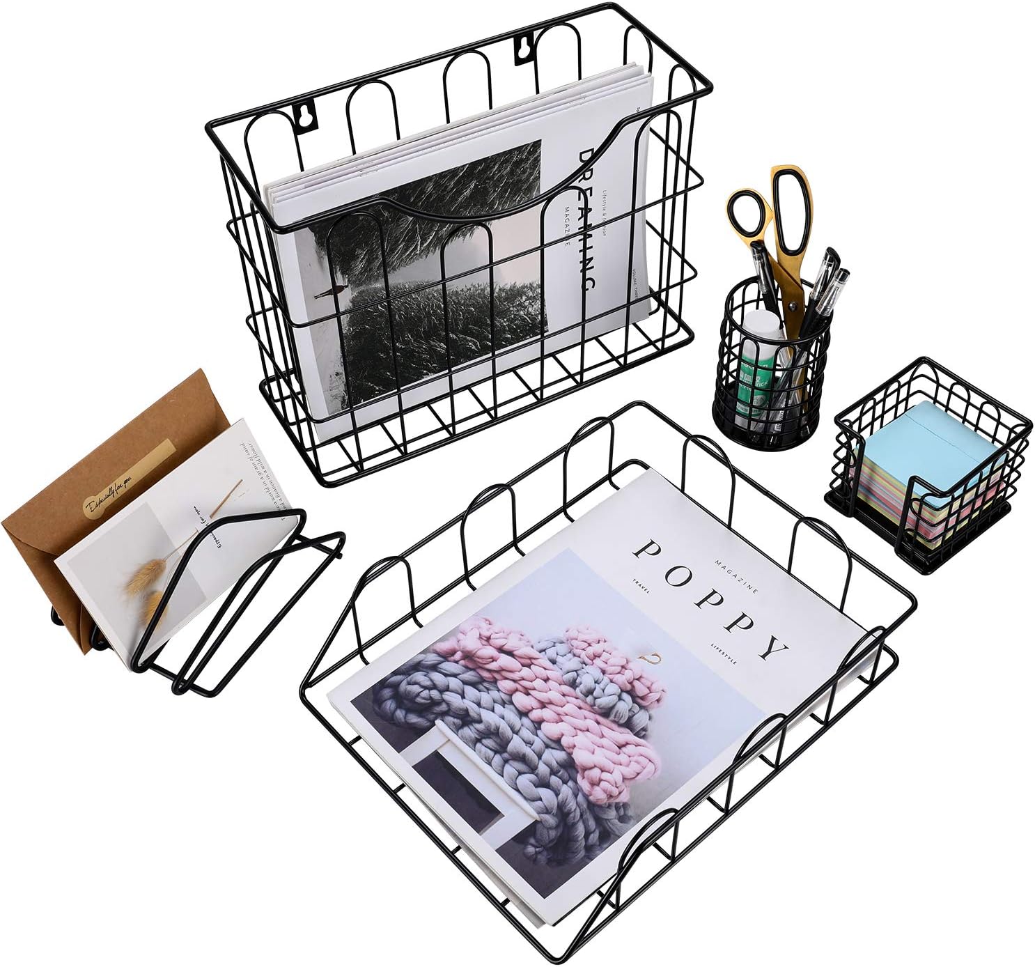 Superbpag Office 5-Piece Desk Organizers and Accessories Set, Letter Sorter, Pencil Holder, Stick Note Holder, File Organizer and Letter Tray, Black