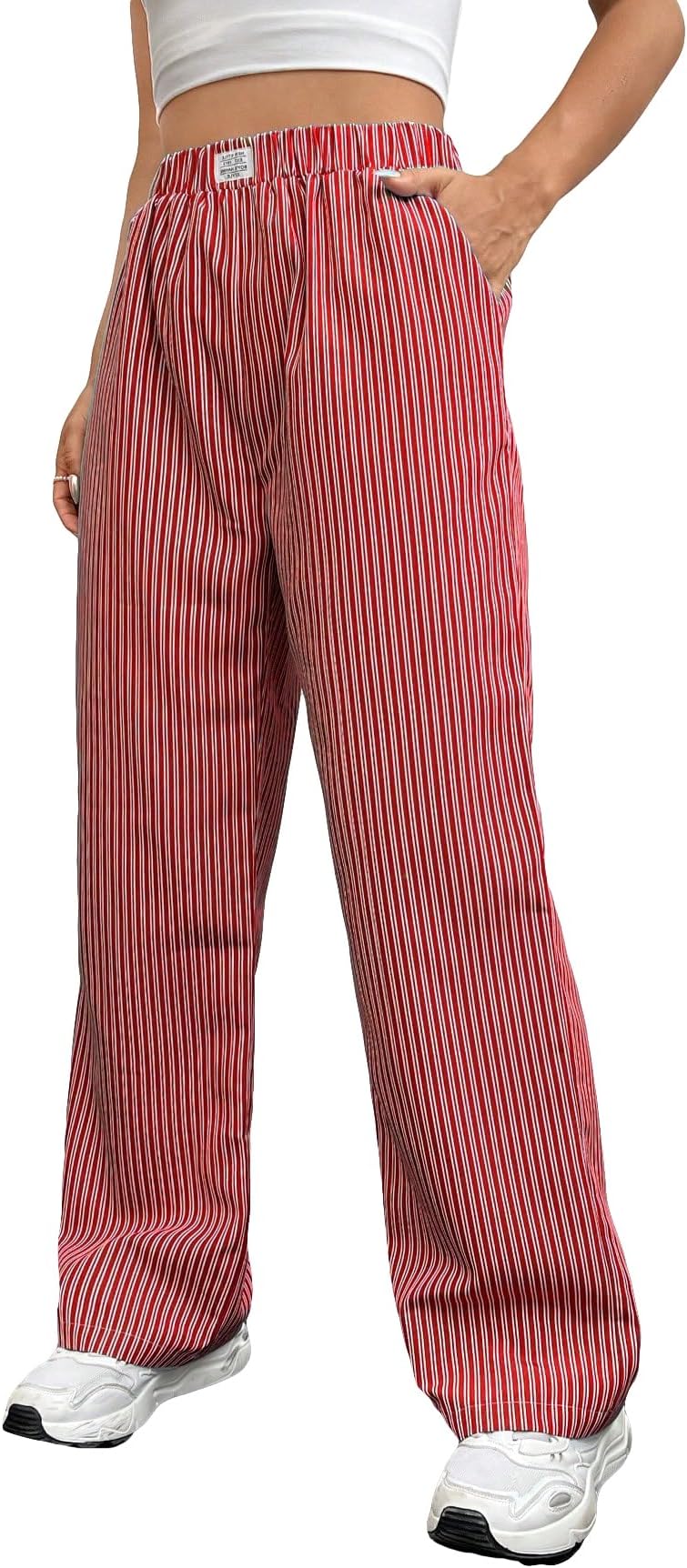 OYOANGLEWomen's Straight Wide Leg Trousers Striped Print Letter Patched Detail High Waist Y2K Fashion Pants