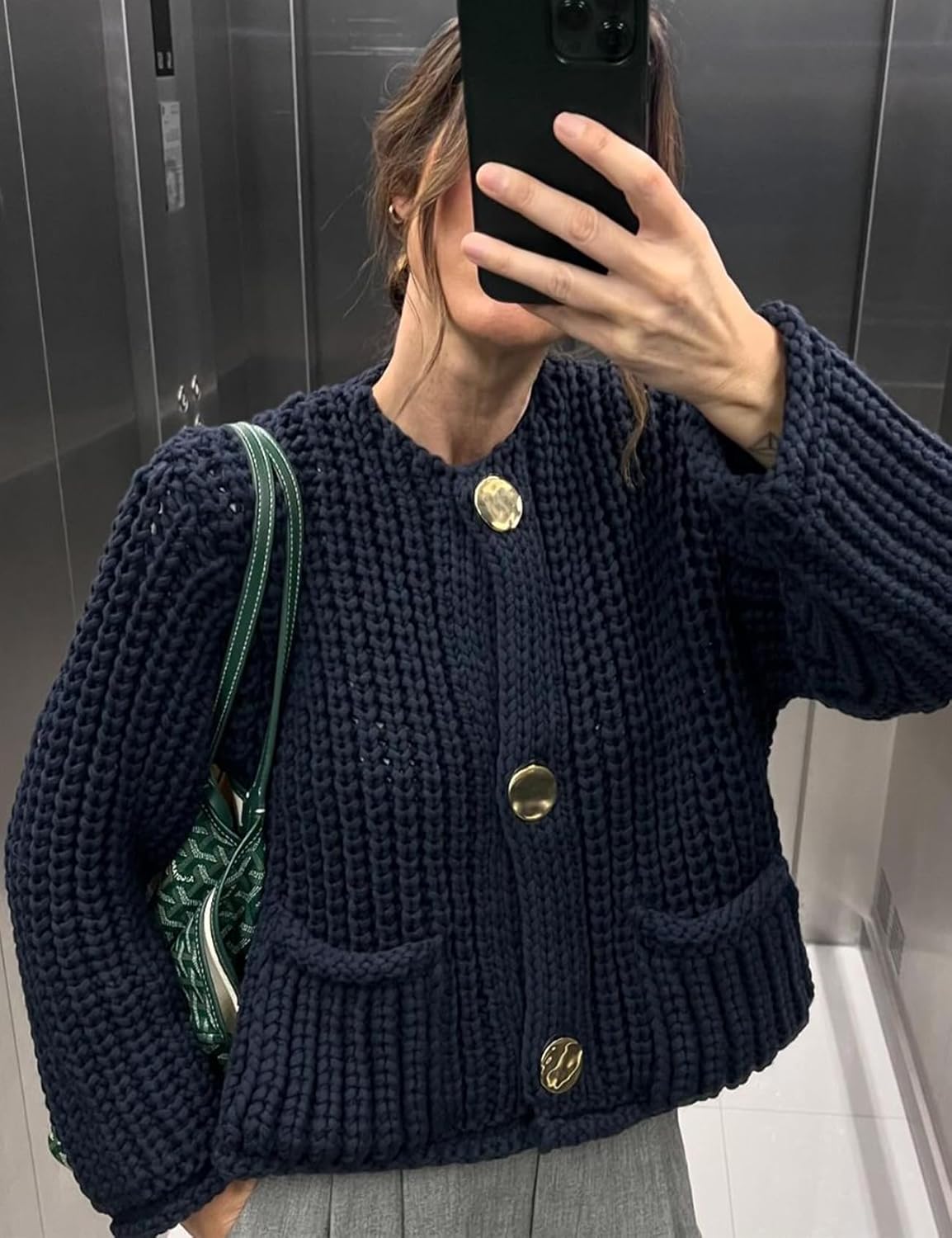 Yimoon Women's Cropped Cardigan Sweater Button Down Long Sleeve Chunky Knit Cardigan Fall Open Front Sweater Coat with Pocket(Navy-L), Large - Image 2