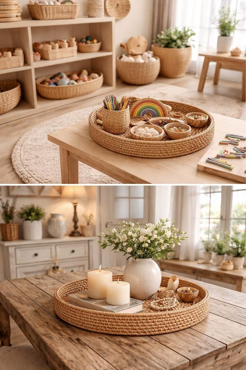 Round Rattan Serving Tray Set (2 Nesting Sizes) with Handles, 4 Coasters Included, Handwoven Boho Wicker Organizer for Coffee Table or Ottoman, 14.2 x 2.3 in and 11.9 x 1.7 in