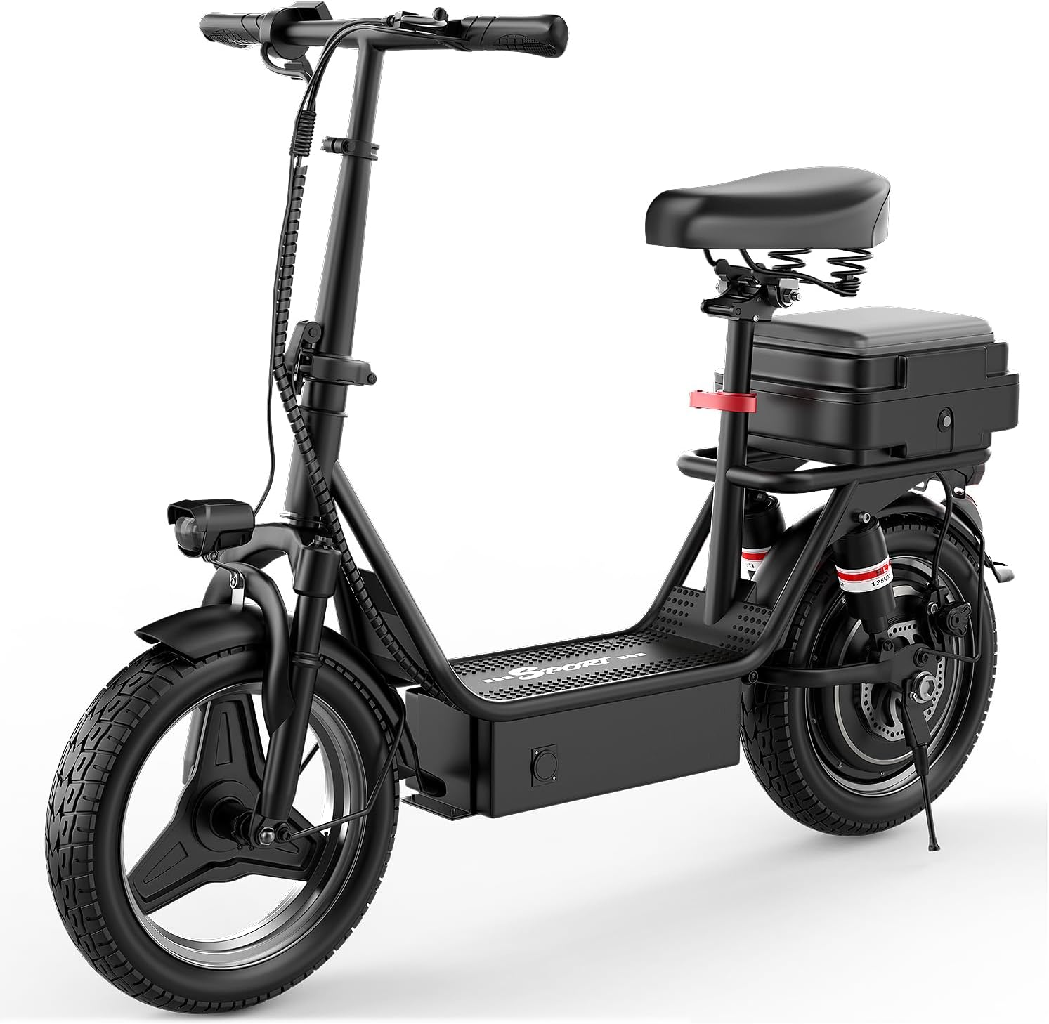Electric Scooter with Seat for Adults, 650W Peak Motor, 48V 15AH Battery, 25 MPH and 30 Miles Long Range, 14″ Foldable Commuting E Scooter with Rear Box, Ample Storage for Pet & Cargo