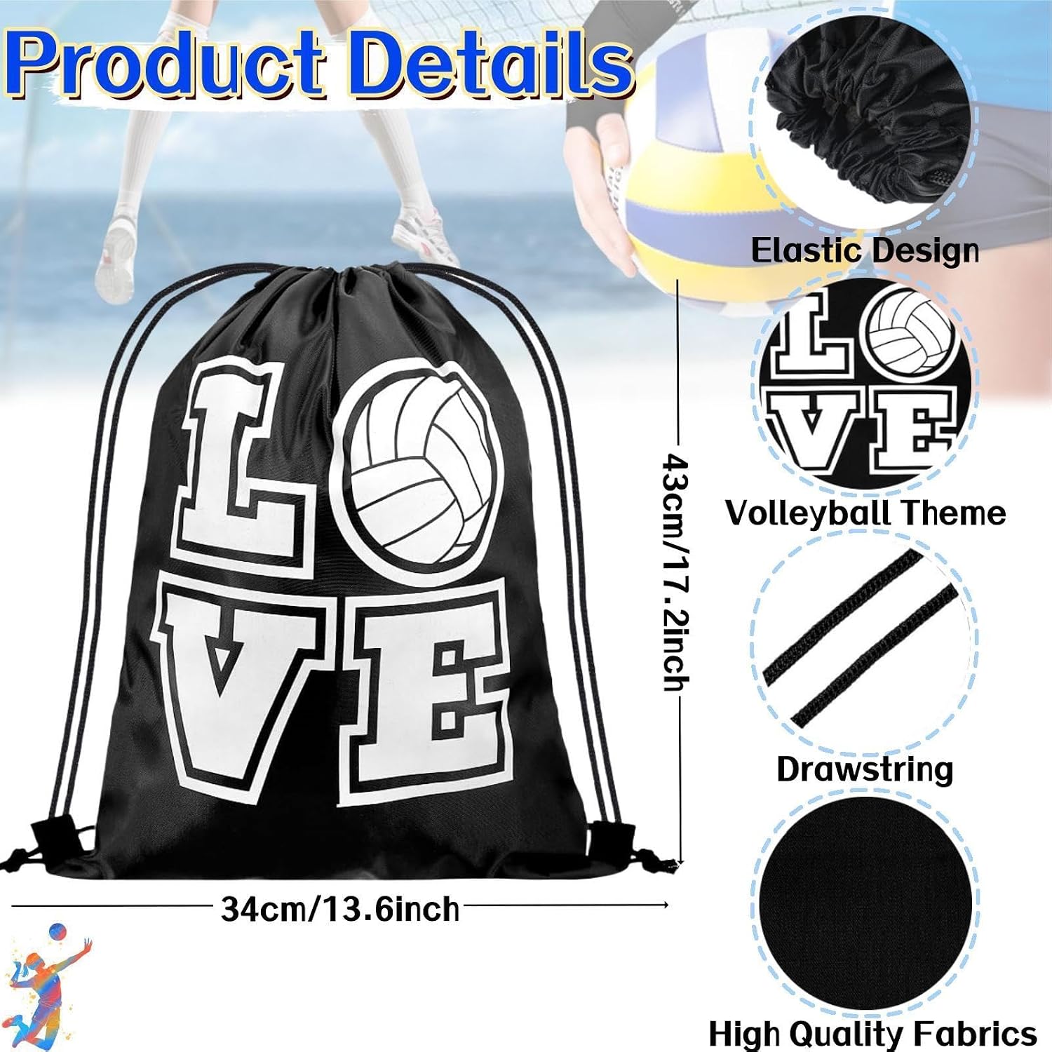 6 Pcs Volleyball Knee Pads Arm Sleeves Volleyball Accessories Set | Include Sport Hair Scrunchies Sweatband Socks Drawstring Bag for Women Teen Girls Youth