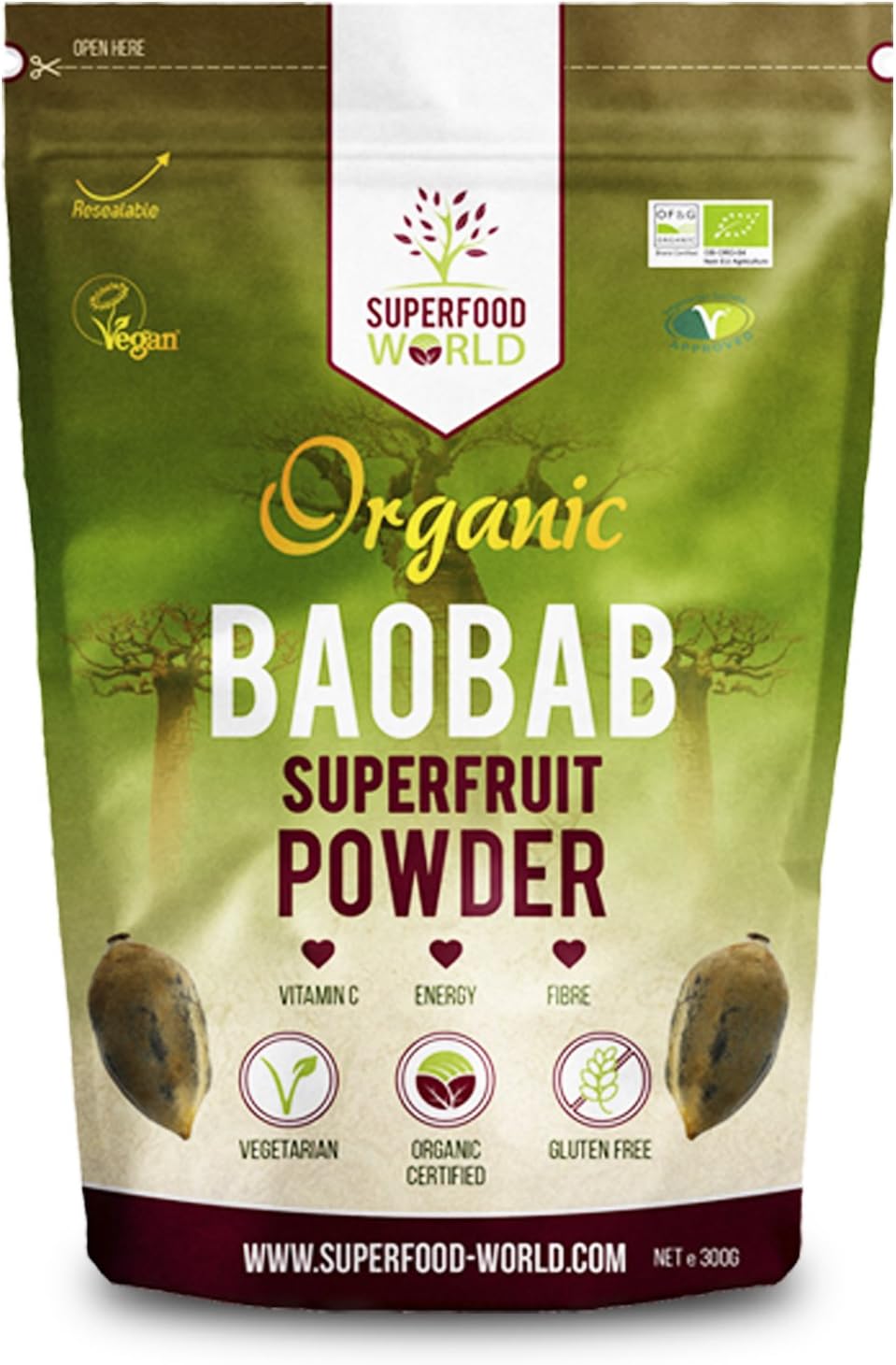 Organic Baobab Powder 300g | Raw Organic Baobab Superfruit Powder | Rich in Vitamin C, Fibre & Antioxidants | Supports Healthy Skin, Digestion & Blood Sugar | Ideal for Smoothies & Juices