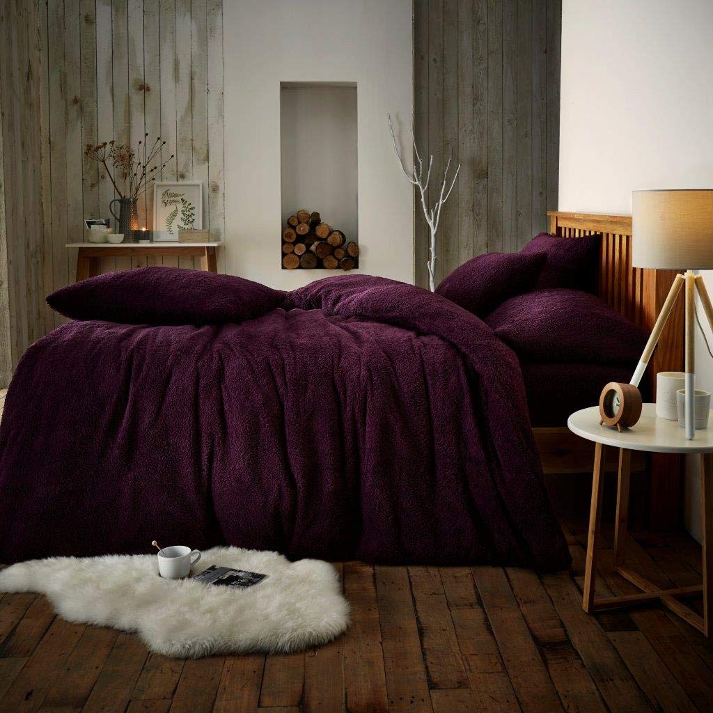 LIZZIE JACOBS Teddy Fleece Luxurious Duvet Cover Sets Super Soft Warm Cosy Sherpa Fleece WInter Quilt Cover Sets Reversible Bedding Sets (Single, Aubergine)