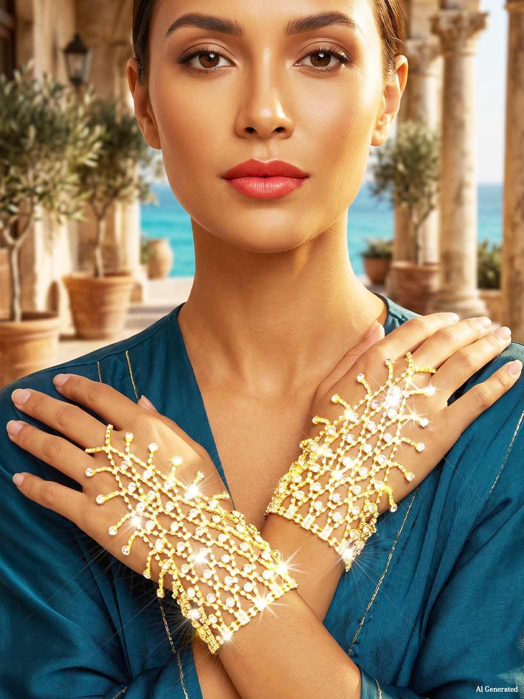 Rhinestone Fingerless Gloves Sparkling Metallic Hand Jewelry for Women