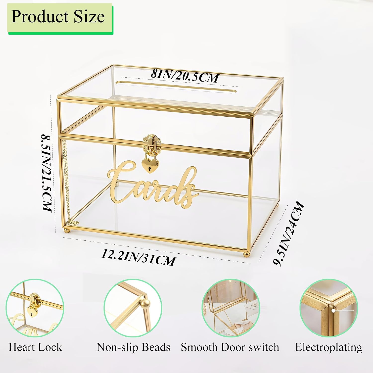 Wedding Card Box with Heart Lock, Large Metal Glass Card Box with Gold Frame for Party Reception, Wedding, Baby Showers, Birthdays, Bridal, or Graduation, 12×9.5×8.5 Inches