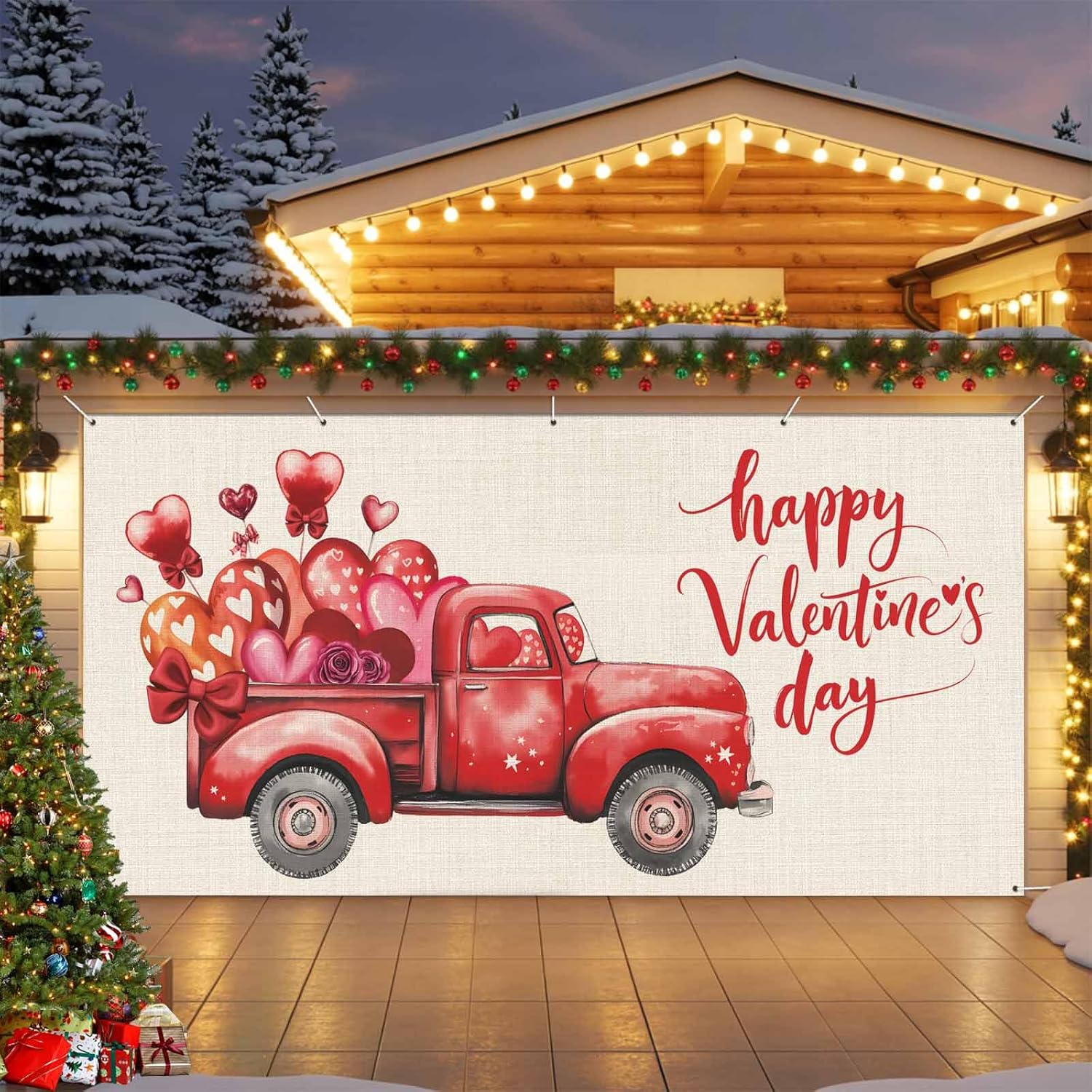 Valentine Garage Door Cover 7x16Ft Garage Door Banner Cover, Pink Red Love Heart Truck Watercolor Rustic Garage Door Decorations Backdrop for Christmas Holiday Garage Door Covers