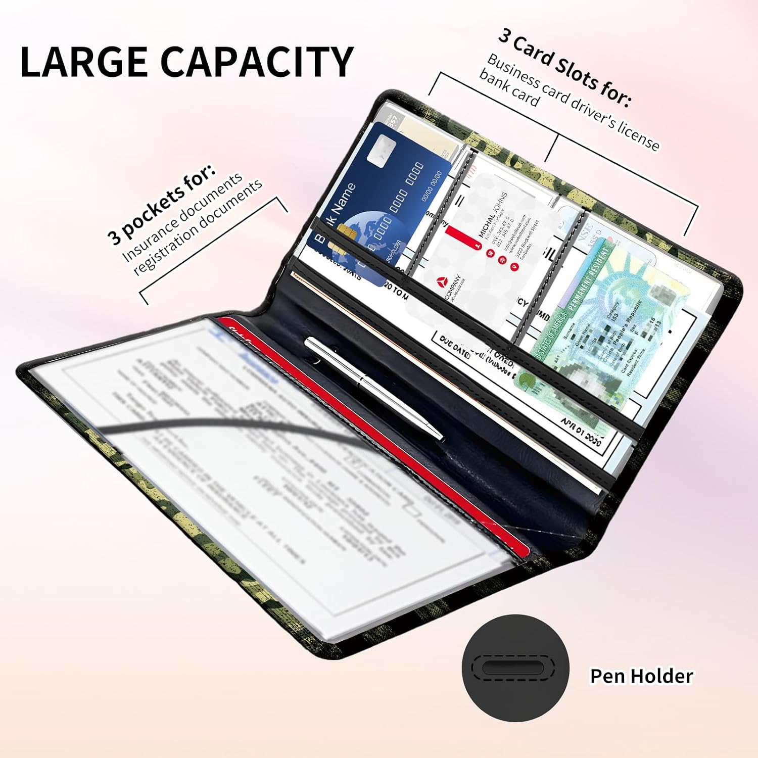 Premium Car Registration and Insurance Card Holder, Cute PU Leather Car Document Holder, Vehicle Glove Box Car Organizer with Magnetic Closure for Driver License, Cards Camouflage Flag