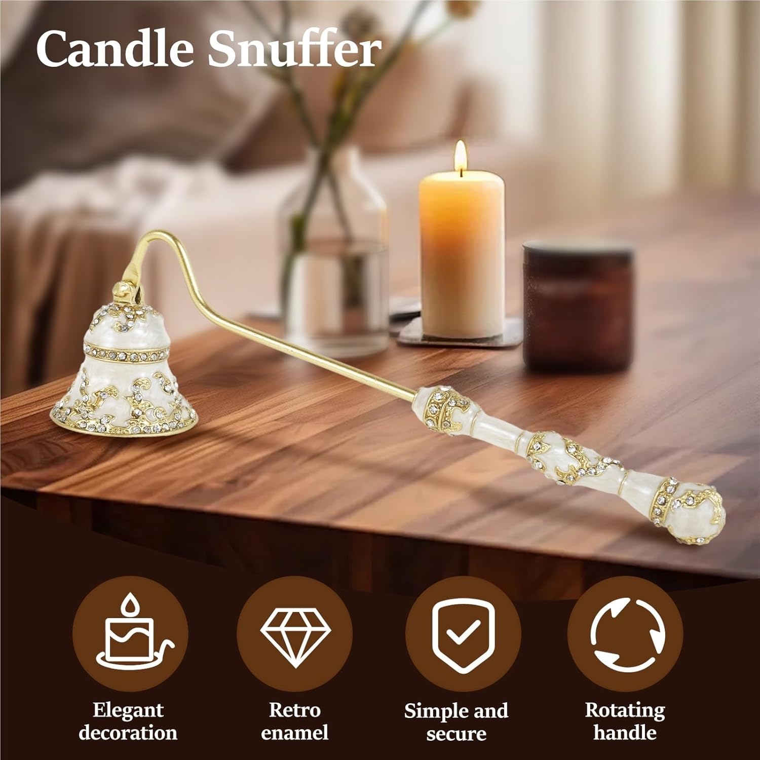 Candle Snuffer Candle Snuffer Metal with Rotatable Handle Vintage Flower Shape Extinguisher Easy to Use Decorative Wick Extinguish The Candle(White Golden 17.5cm)