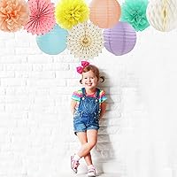 Vista 4 de Serpentinas de Decoraciones de Fiesta Arcoíris Pastel - 14 piezas Suministros de Cumpleaños para Niños y Niñas, Abanicos de Linternas de Papel Rosa